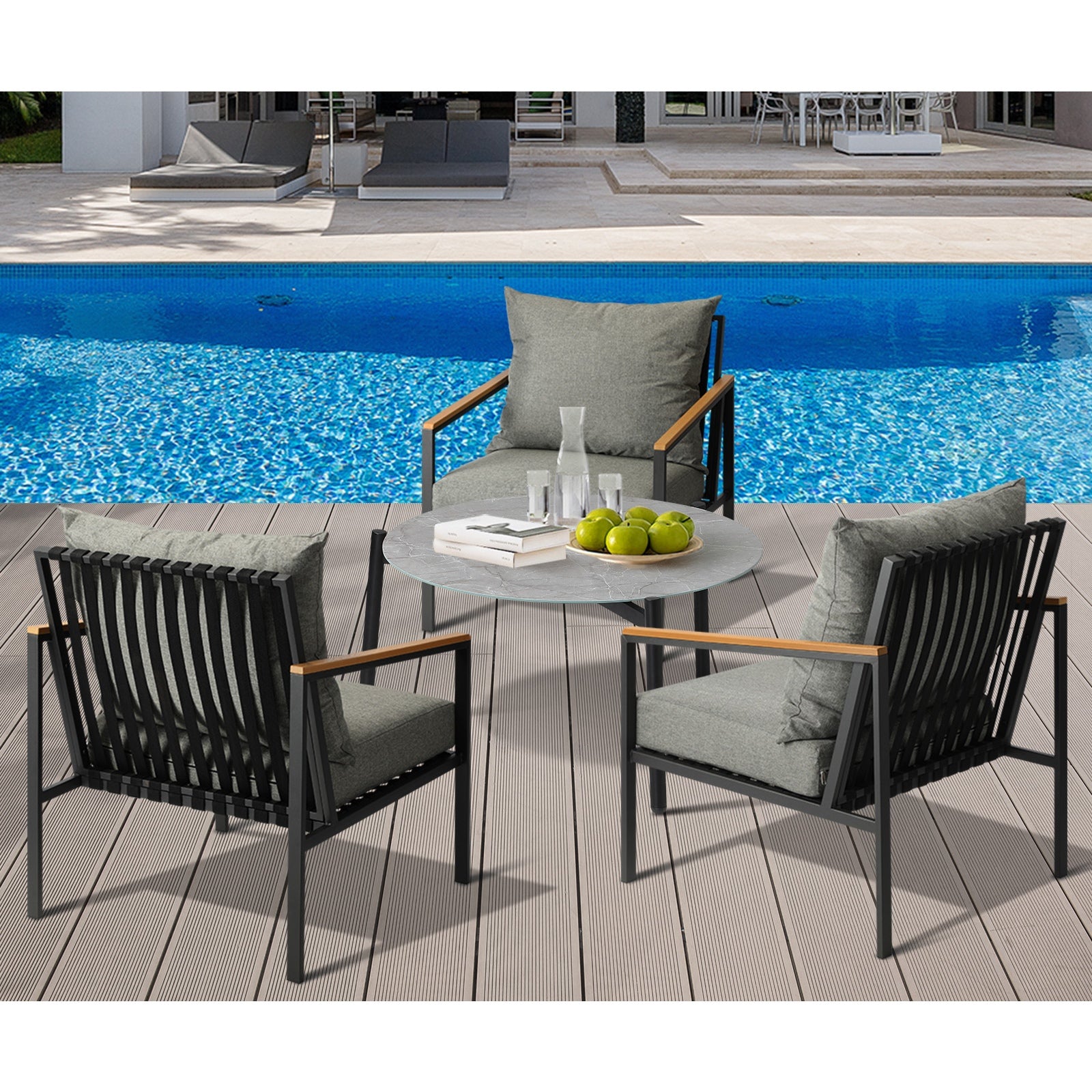 Livsip Outdoor Lounge Set Patio Furniture Coffee Grey 70cm Table Chairs 4PCS - Sunyee