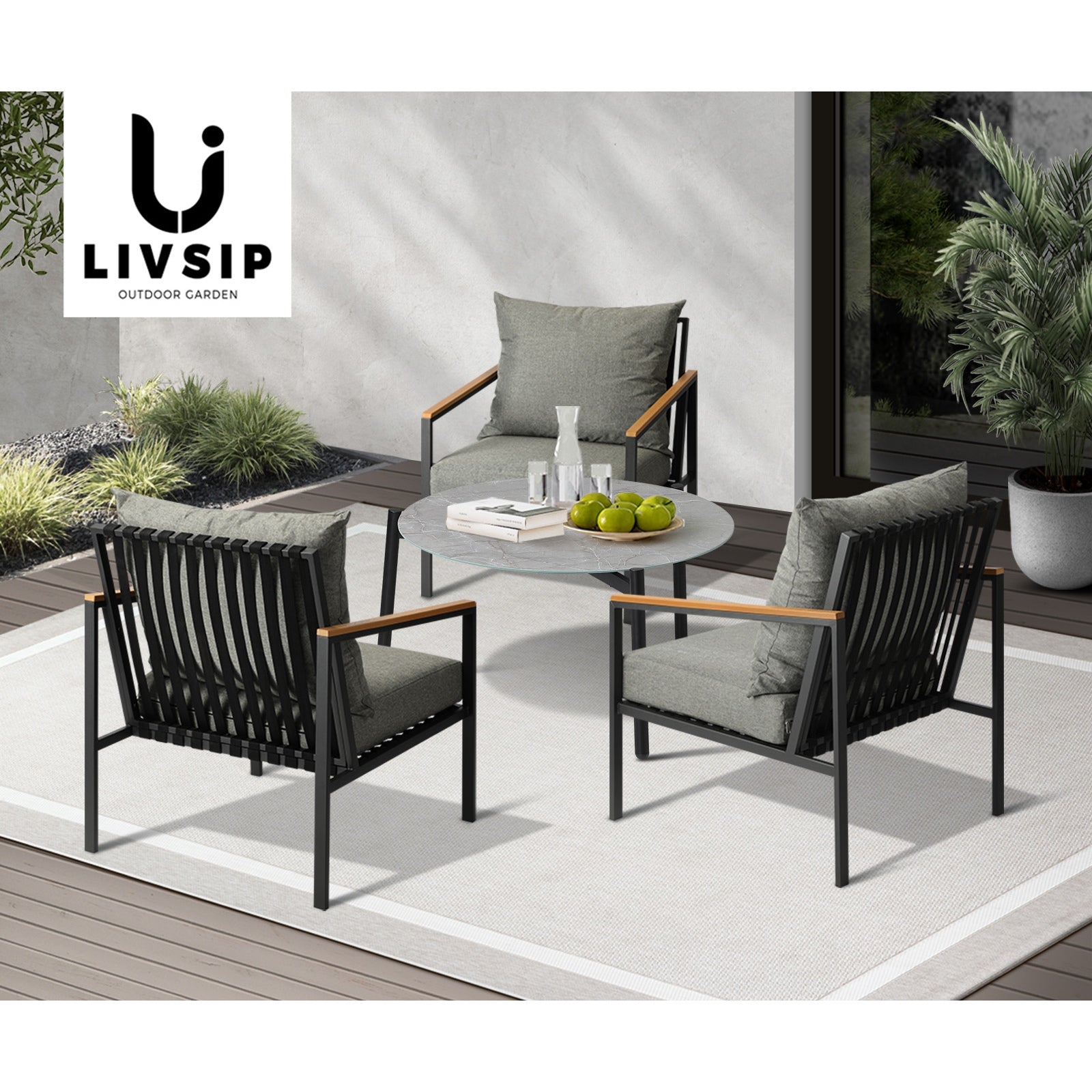Livsip Outdoor Lounge Set Patio Furniture Coffee Grey 70cm Table Chairs 4PCS - Sunyee
