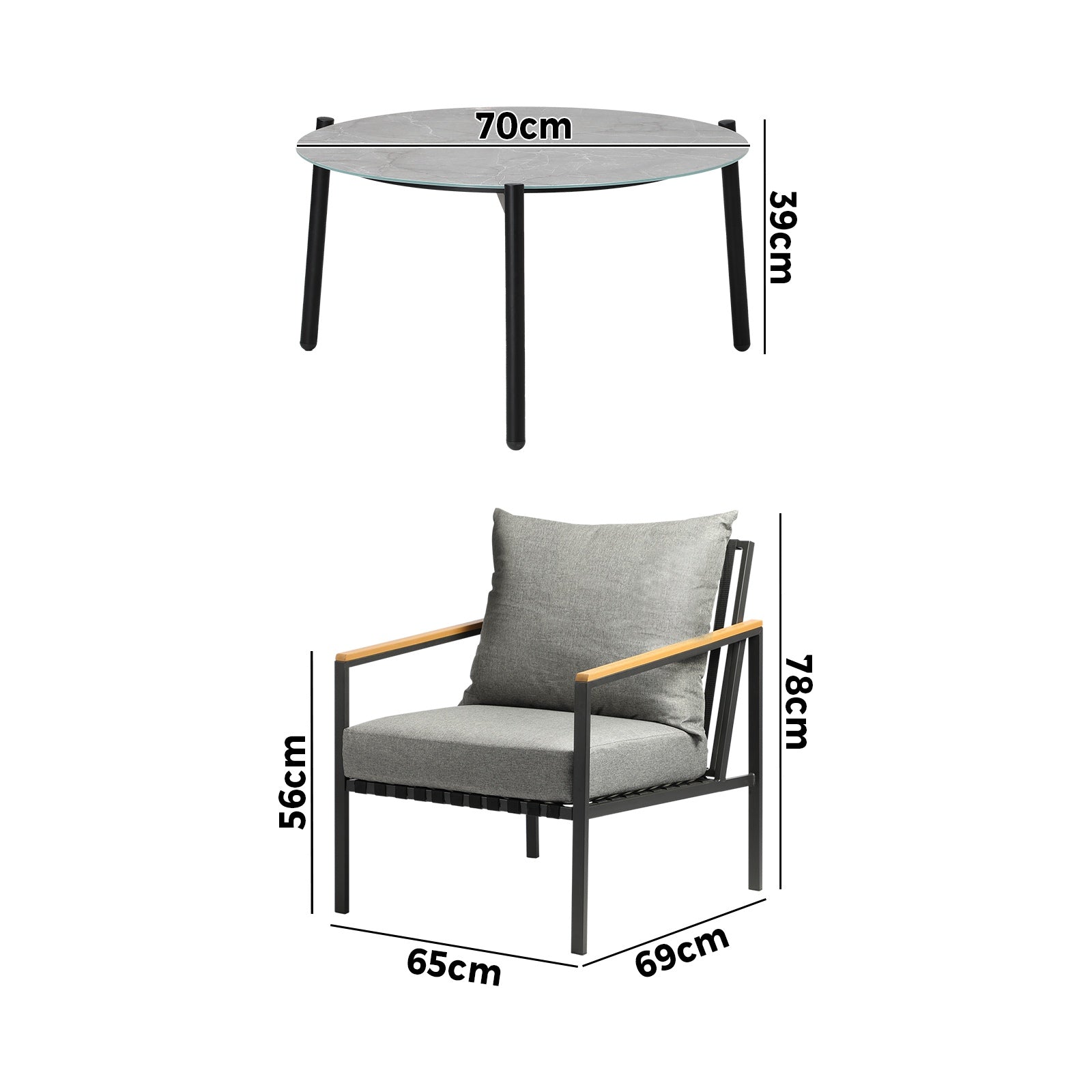 Livsip Outdoor Lounge Set Patio Furniture Coffee Grey 70cm Table Chairs 4PCS - Sunyee