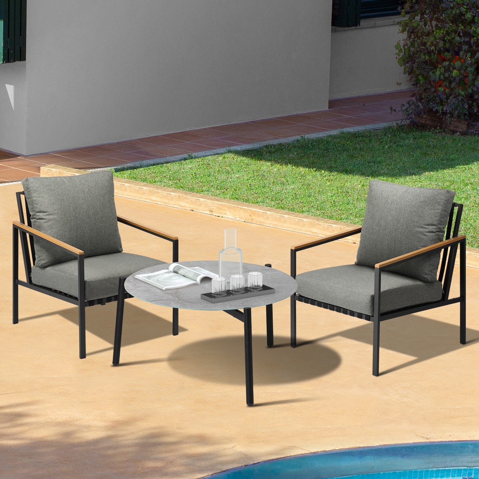 Livsip Outdoor Patio Lounge Set Furniture Grey 70cm Coffee Table Sofa Chairs 3PC
