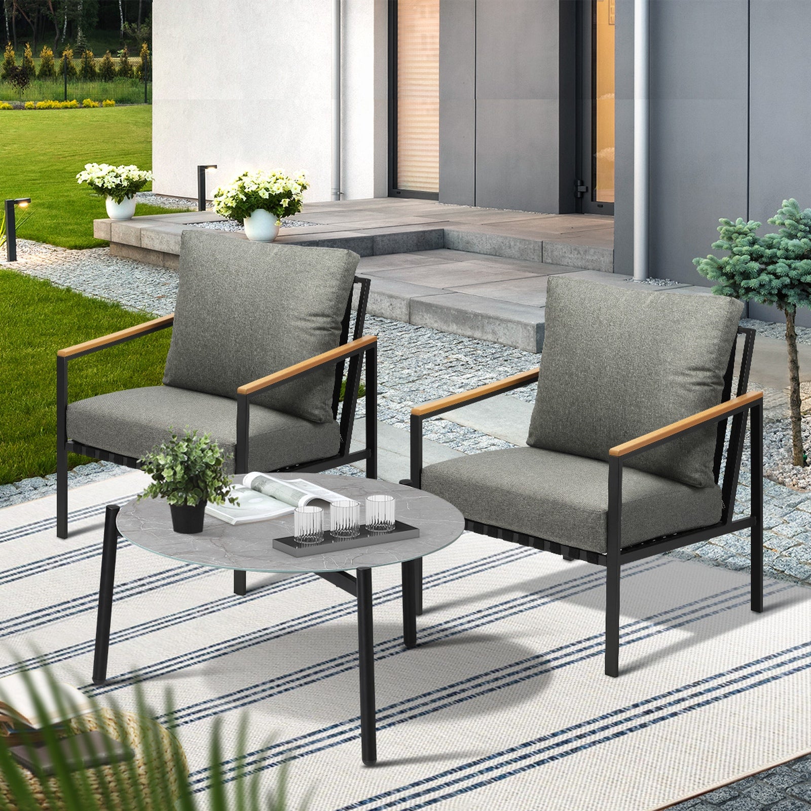 Livsip Outdoor Patio Lounge Set Furniture Grey 70cm Coffee Table Sofa Chairs 3PC
