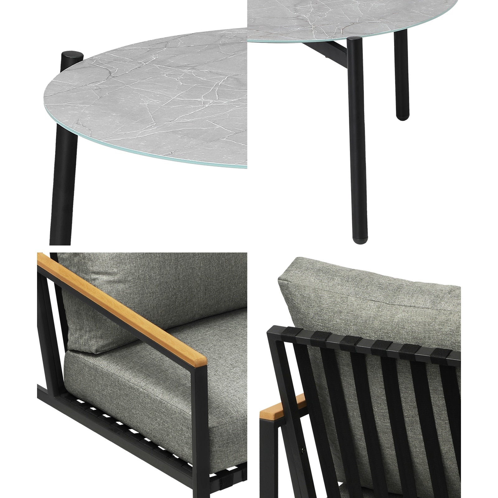 Livsip Outdoor Patio Lounge Set Furniture Grey 70cm Coffee Table Sofa Chairs 3PC