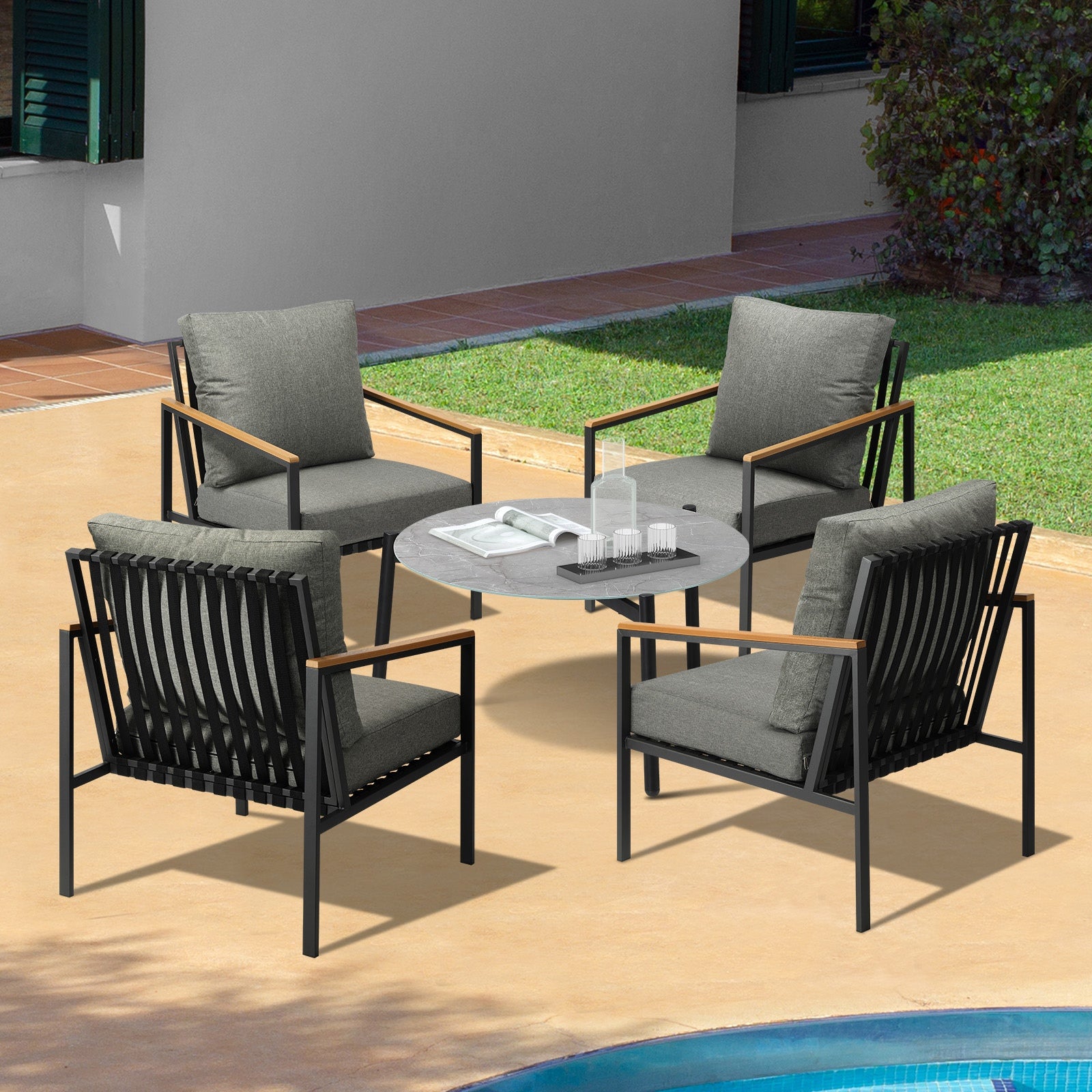 Livsip Outdoor Patio Lounge Set Furniture Coffee Grey 70cm Table Sofa Chairs 5PC - Sunyee