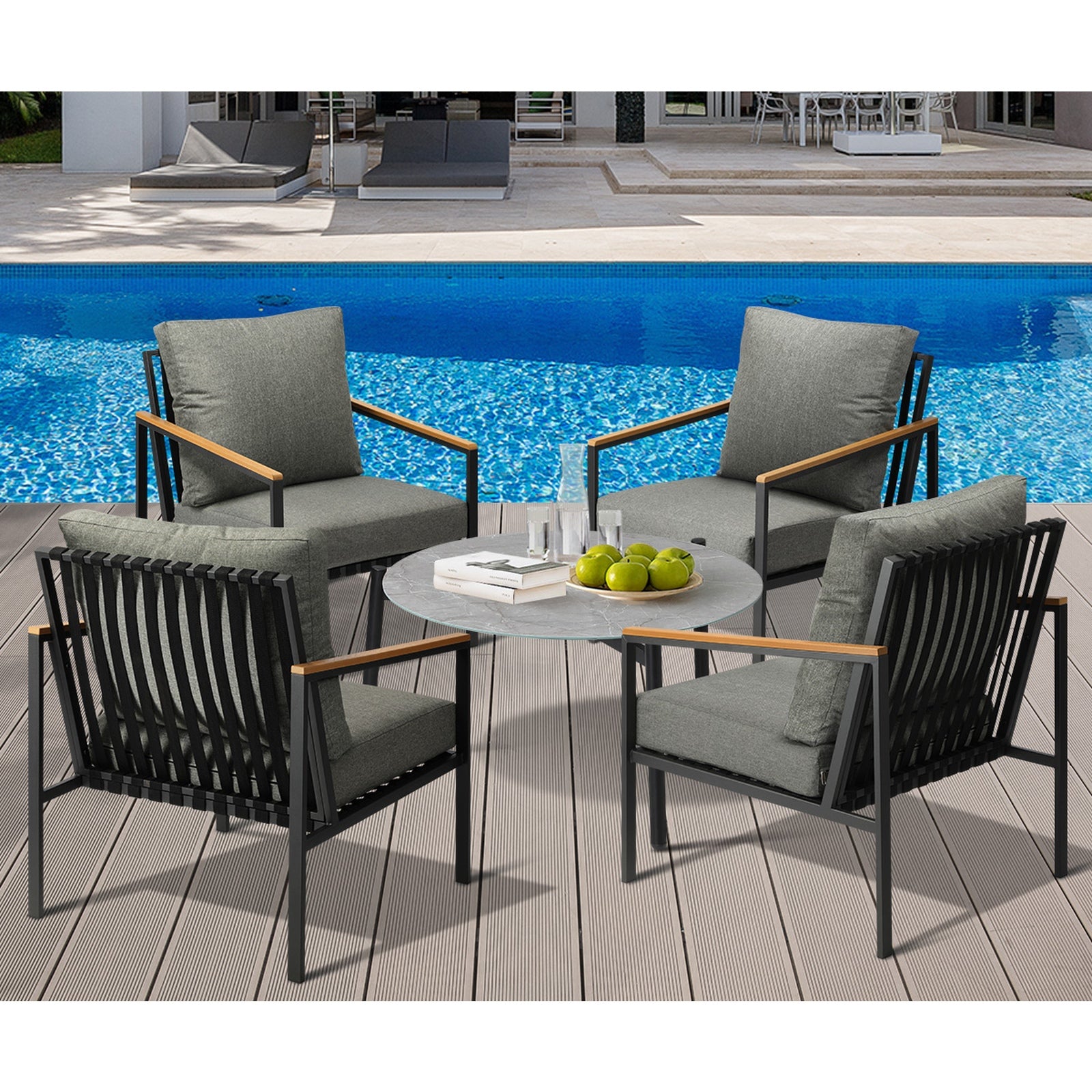 Livsip Outdoor Patio Lounge Set Furniture Coffee Grey 70cm Table Sofa Chairs 5PC - Sunyee