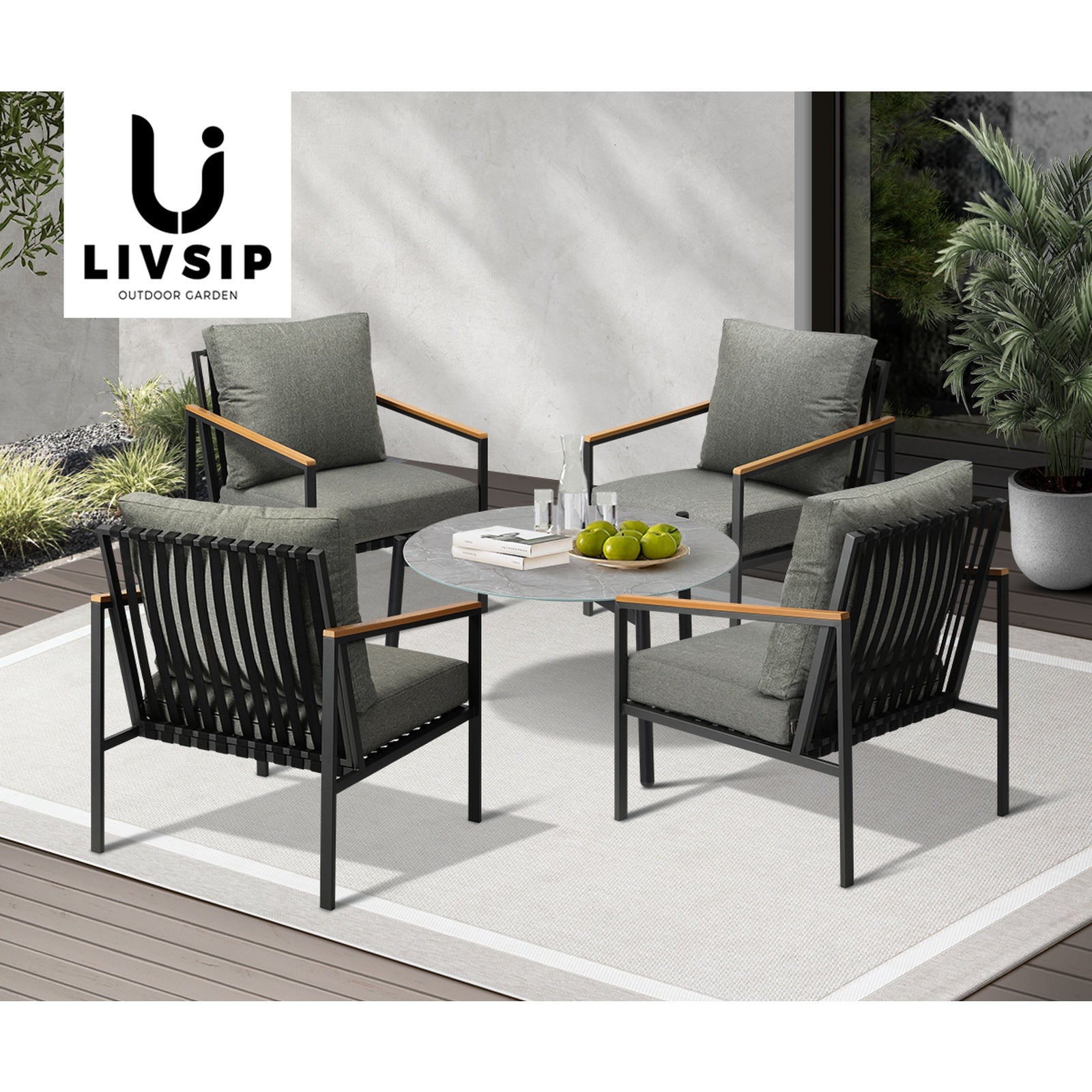 Livsip Outdoor Patio Lounge Set Furniture Coffee Grey 70cm Table Sofa Chairs 5PC - Sunyee