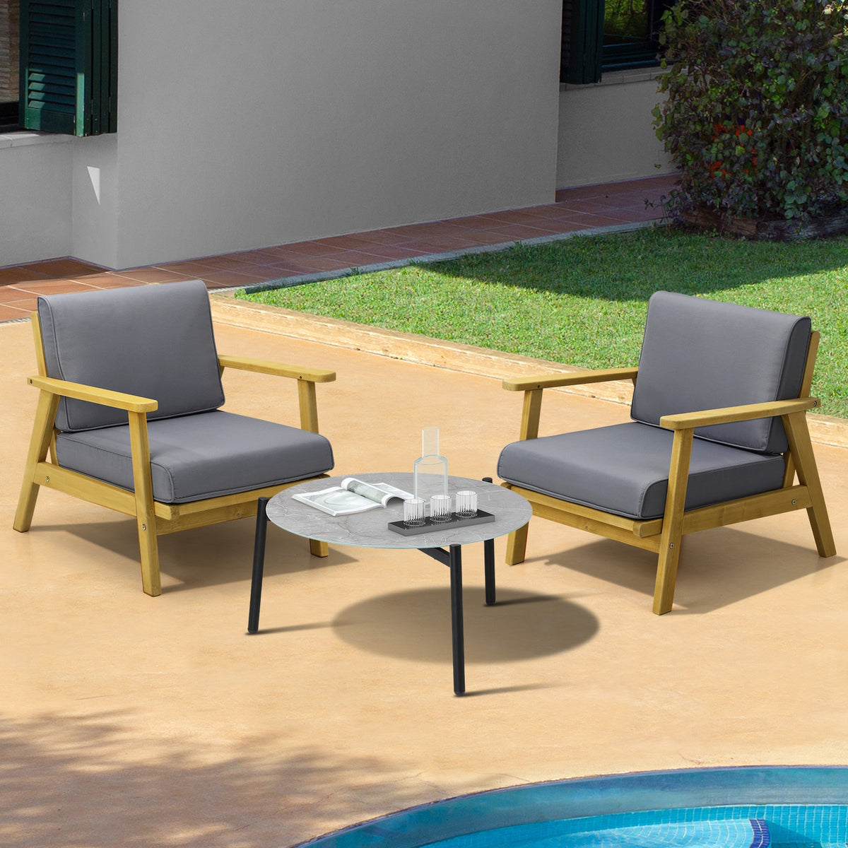 Livsip Outdoor Lounge Set 3PCS Patio Furniture Sets 70cm Grey Coffee Side Table - Sunyee