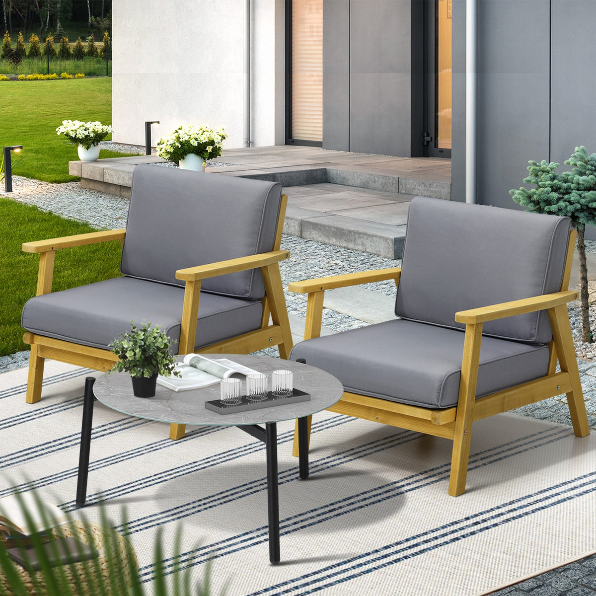 Livsip Outdoor Lounge Set 3PCS Patio Furniture Sets 70cm Grey Coffee Side Table - Sunyee