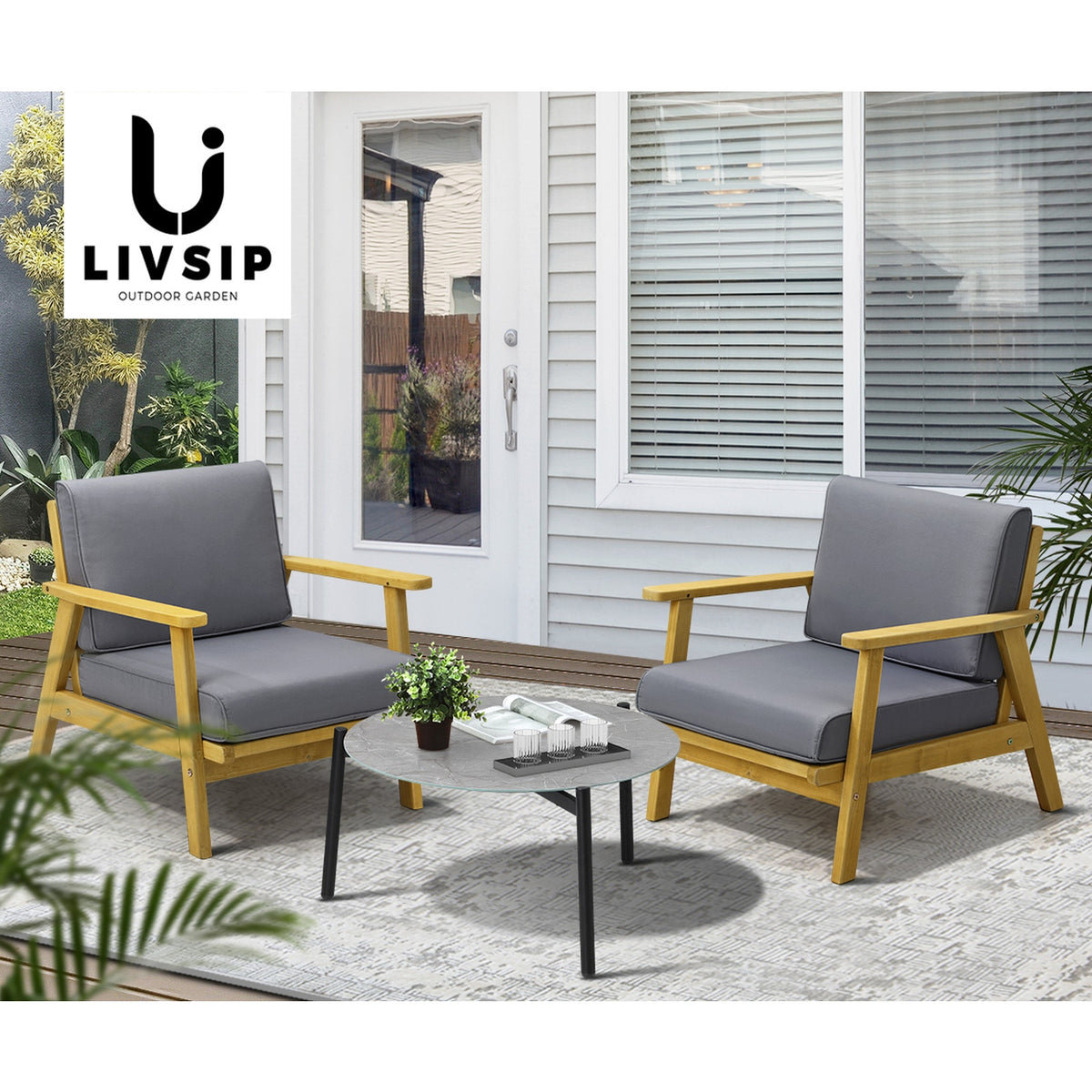 Livsip Outdoor Lounge Set 3PCS Patio Furniture Sets 70cm Grey Coffee Side Table - Sunyee
