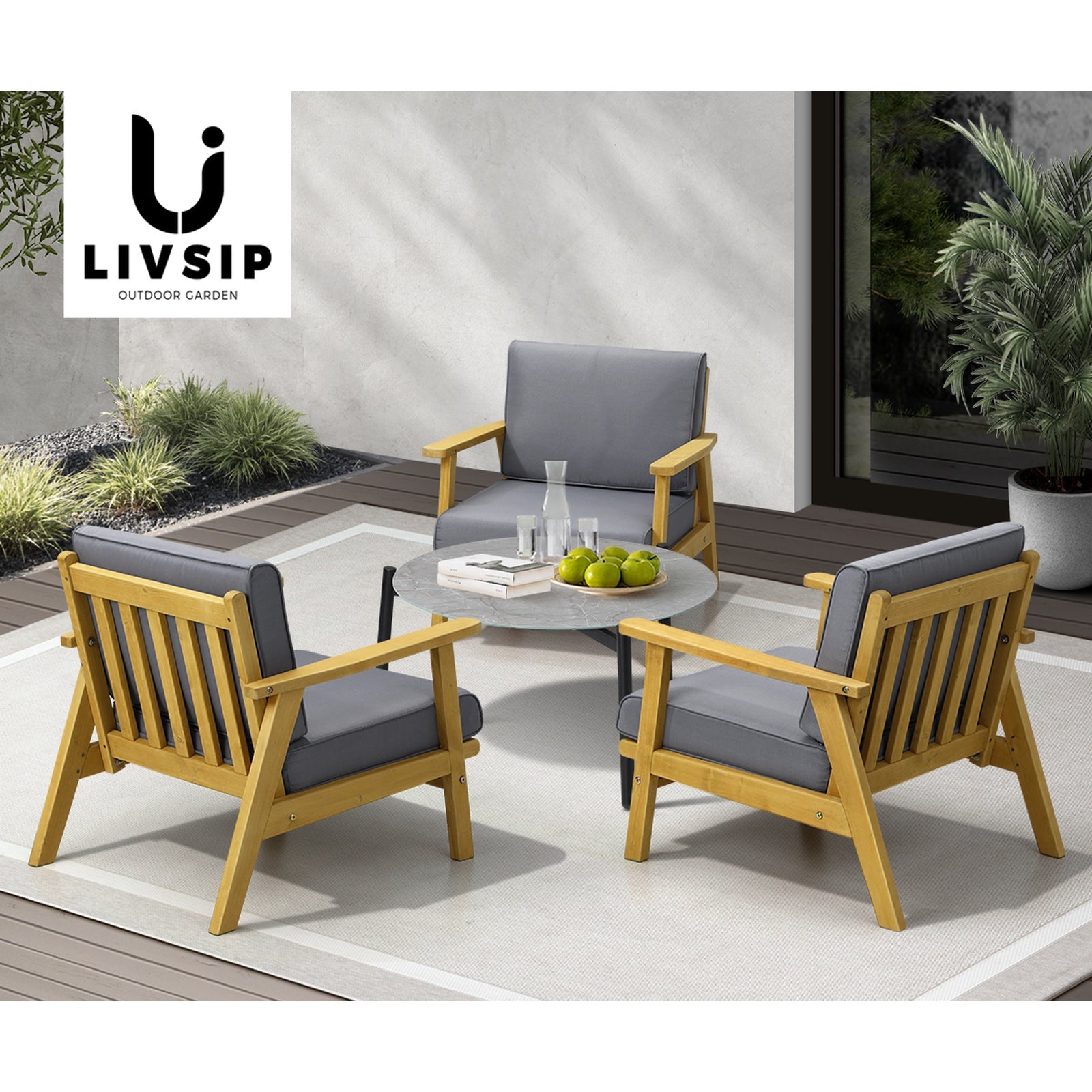Livsip 4PCS Outdoor Lounge Set Patio Furniture Sets Grey Coffee Side Table - Sunyee