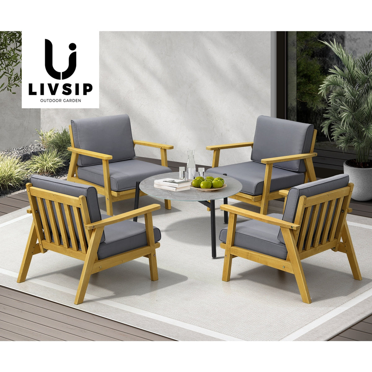 Livsip Outdoor Lounge Set 5PCS Patio Furniture Sets 70cm Grey Coffee Side Table - Sunyee