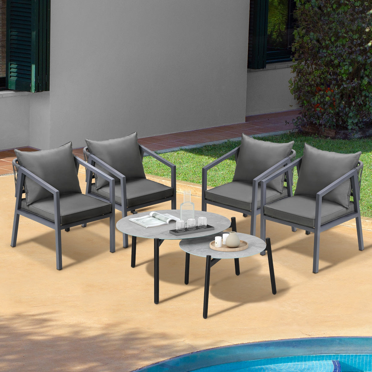 Livsip 6PCS Outdoor Patio Setting Furniture Lounge Grey 70cm Coffee Table Set - Sunyee