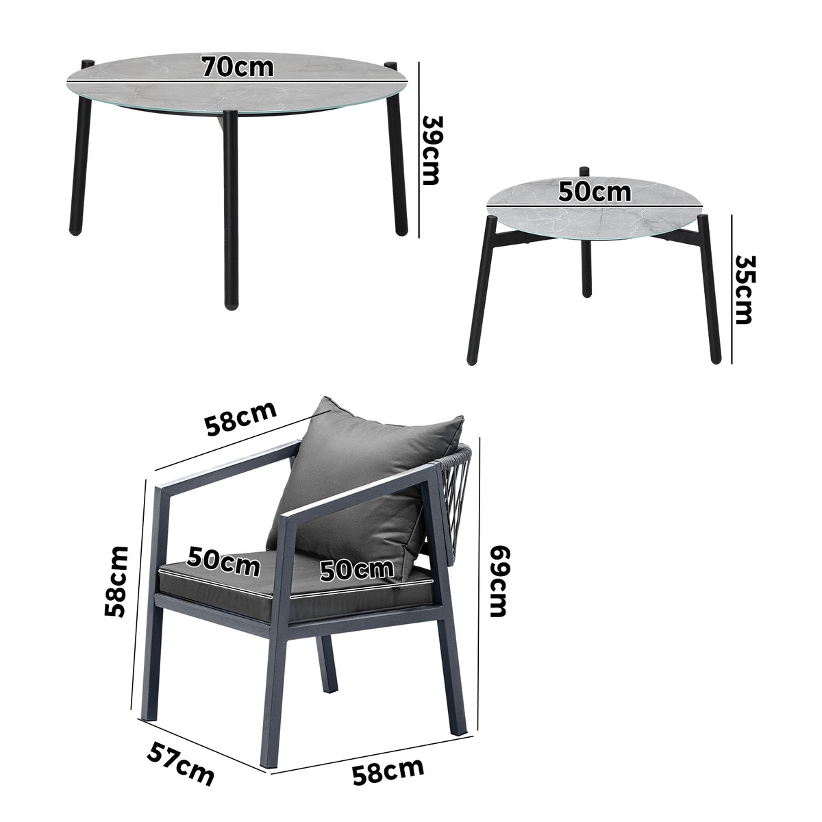 Livsip 6PCS Outdoor Patio Setting Furniture Lounge Grey 70cm Coffee Table Set - Sunyee