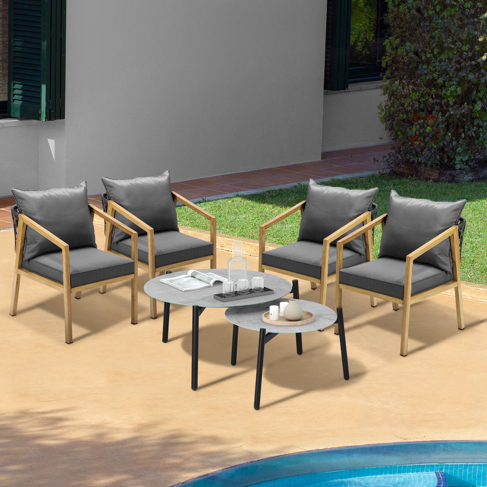 Livsip 6PCS Outdoor Patio Setting Furniture Lounge Grey 70cm Coffee Table Set - Sunyee