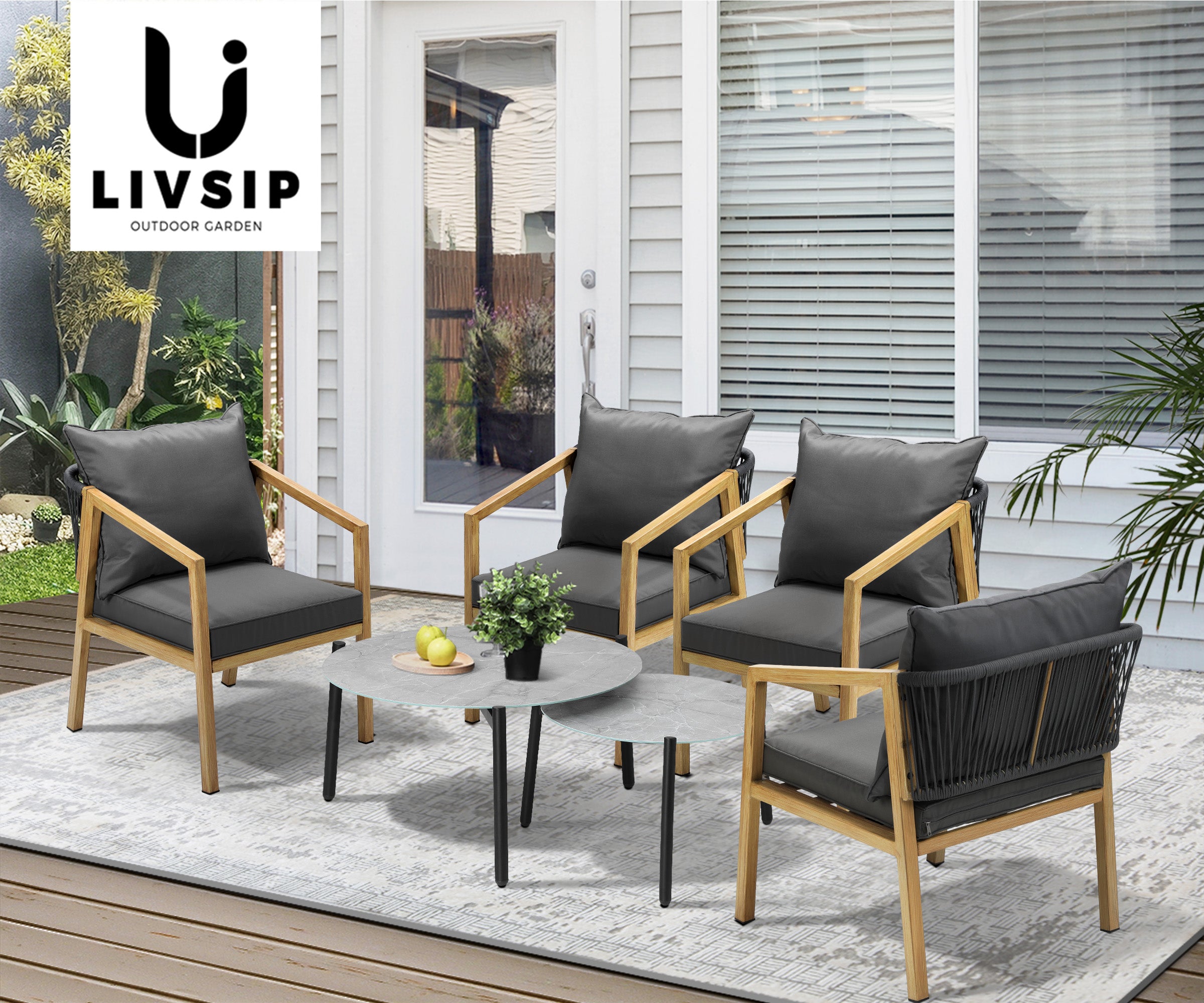 Livsip 6PCS Outdoor Patio Setting Furniture Lounge Grey 70cm Coffee Table Set - Sunyee