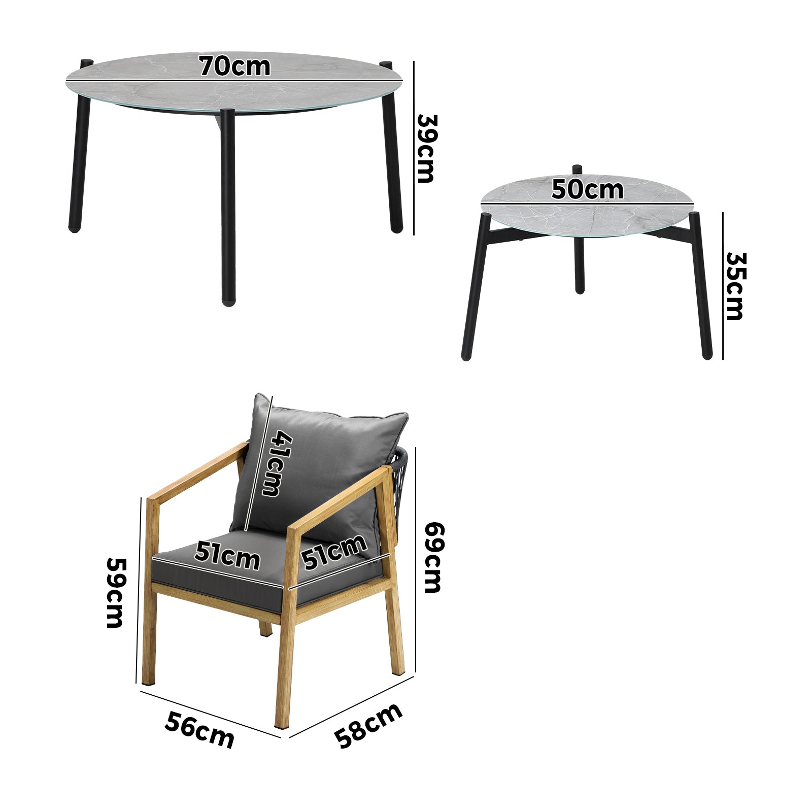 Livsip 6PCS Outdoor Patio Setting Furniture Lounge Grey 70cm Coffee Table Set - Sunyee