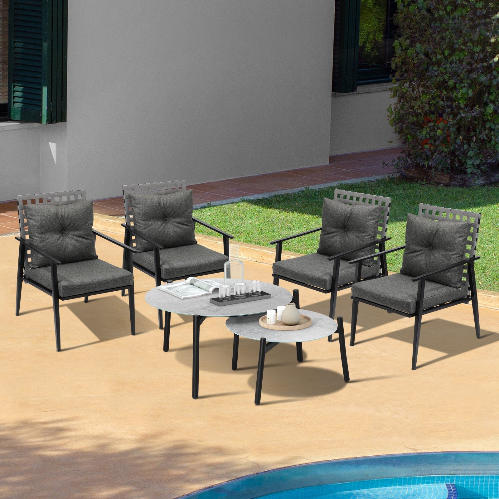 Livsip Outdoor Patio Lounge Set 2pc Grey Marble Table Sets 4pc Rattan Chairs - Sunyee