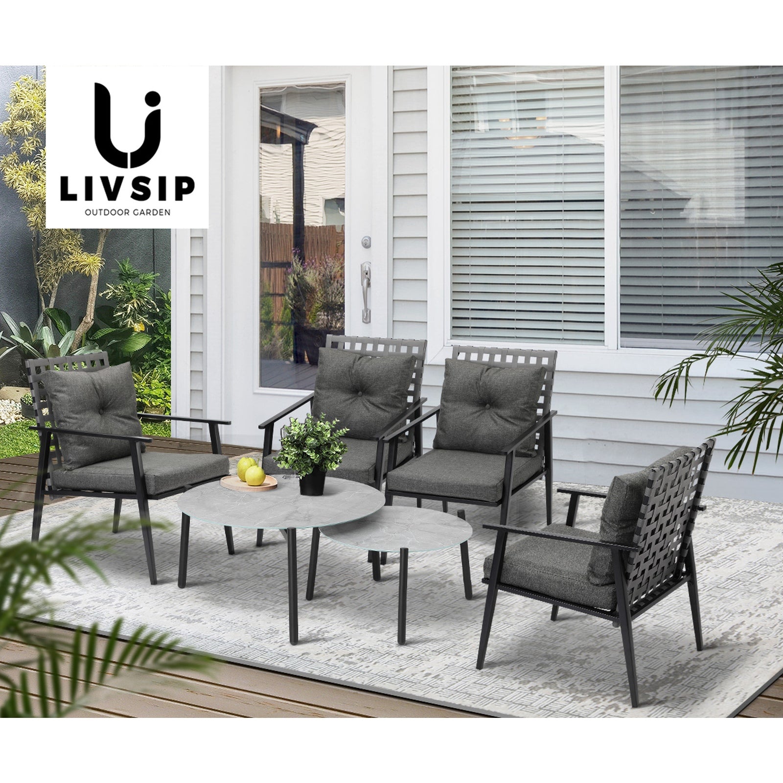 Livsip Outdoor Patio Lounge Set 2pc Grey Marble Table Sets 4pc Rattan Chairs - Sunyee