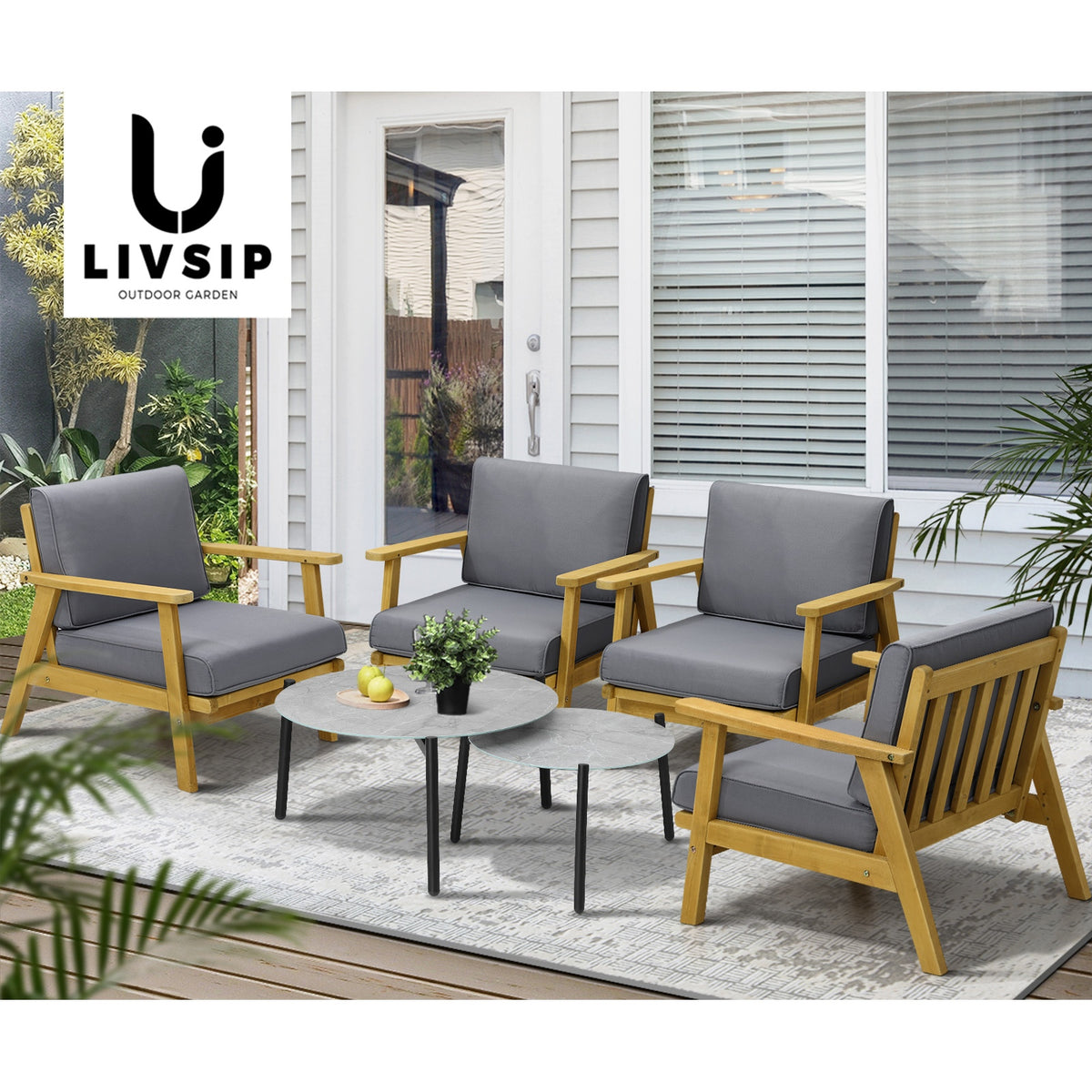 Livsip Outdoor Lounge Set 6PCS Patio Furniture 2pc Grey Coffee Side Table Sets - Sunyee