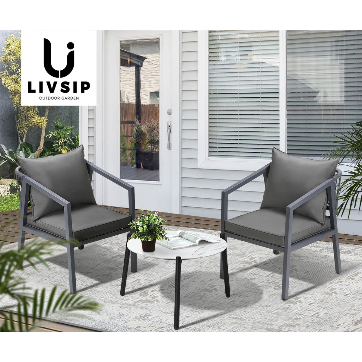 Livsip 3PCS Outdoor Patio Setting Furniture Lounge Set White 50cm Coffee Table