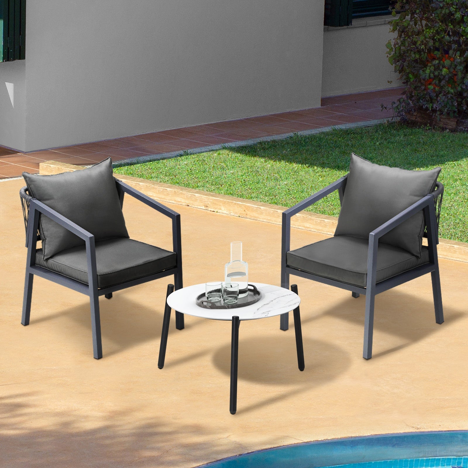 Livsip 3PCS Outdoor Patio Setting Furniture Lounge Set White 50cm Coffee Table - Sunyee