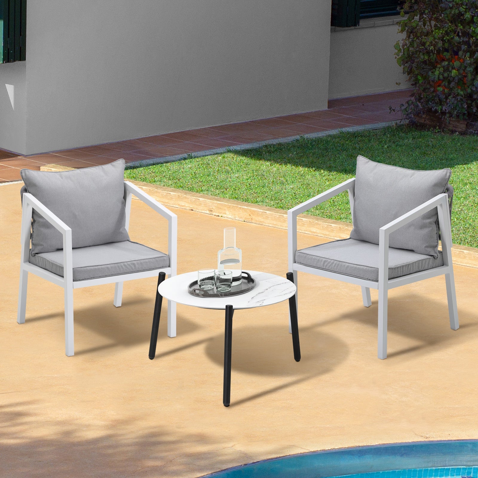 Livsip Outdoor Patio Setting 3PCS Furniture Lounge Set White 50cm Coffee Table - Sunyee