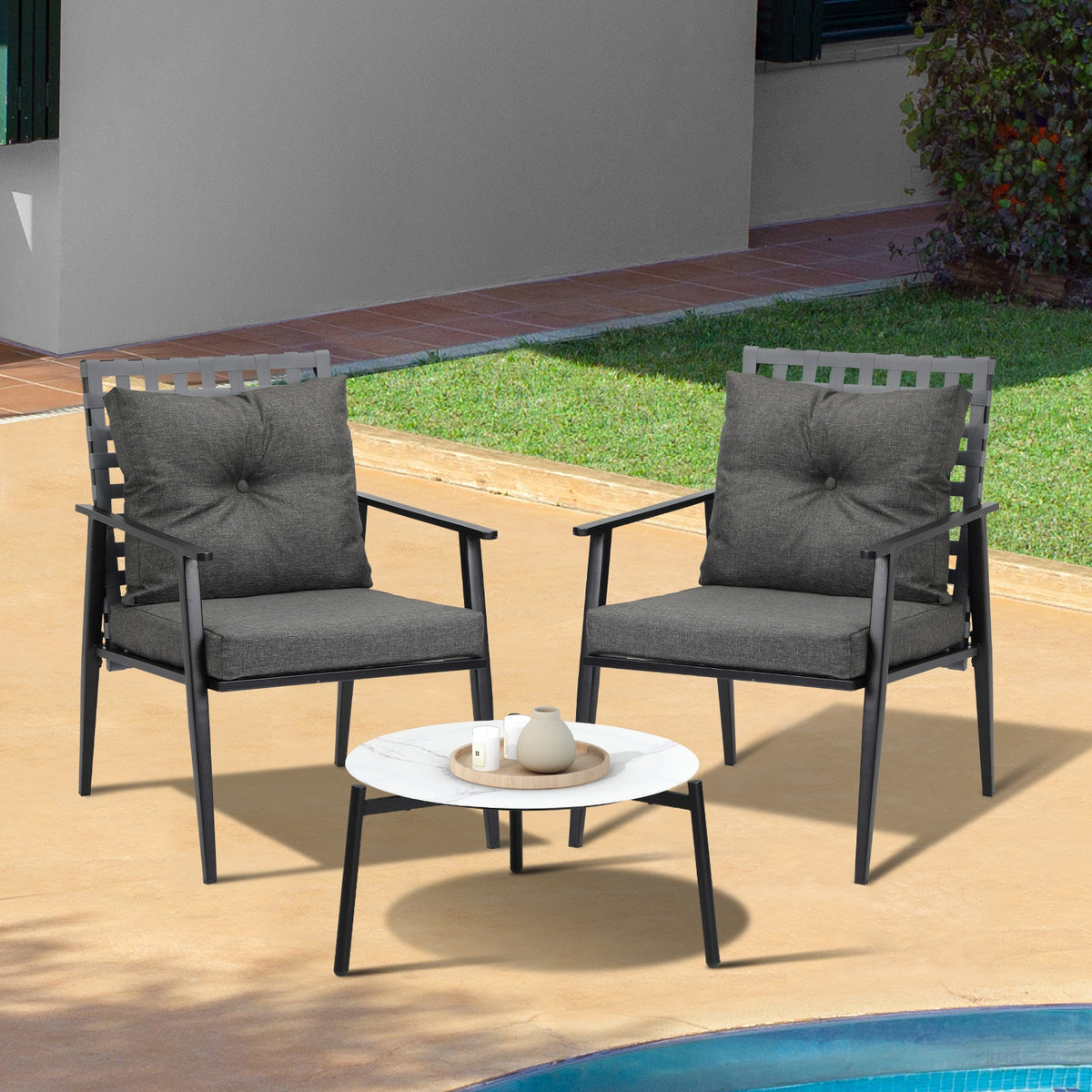 Livsip Outdoor Patio Set 3pc Lounge Sets 50CM White Marble Table Rattan Chairs - Sunyee