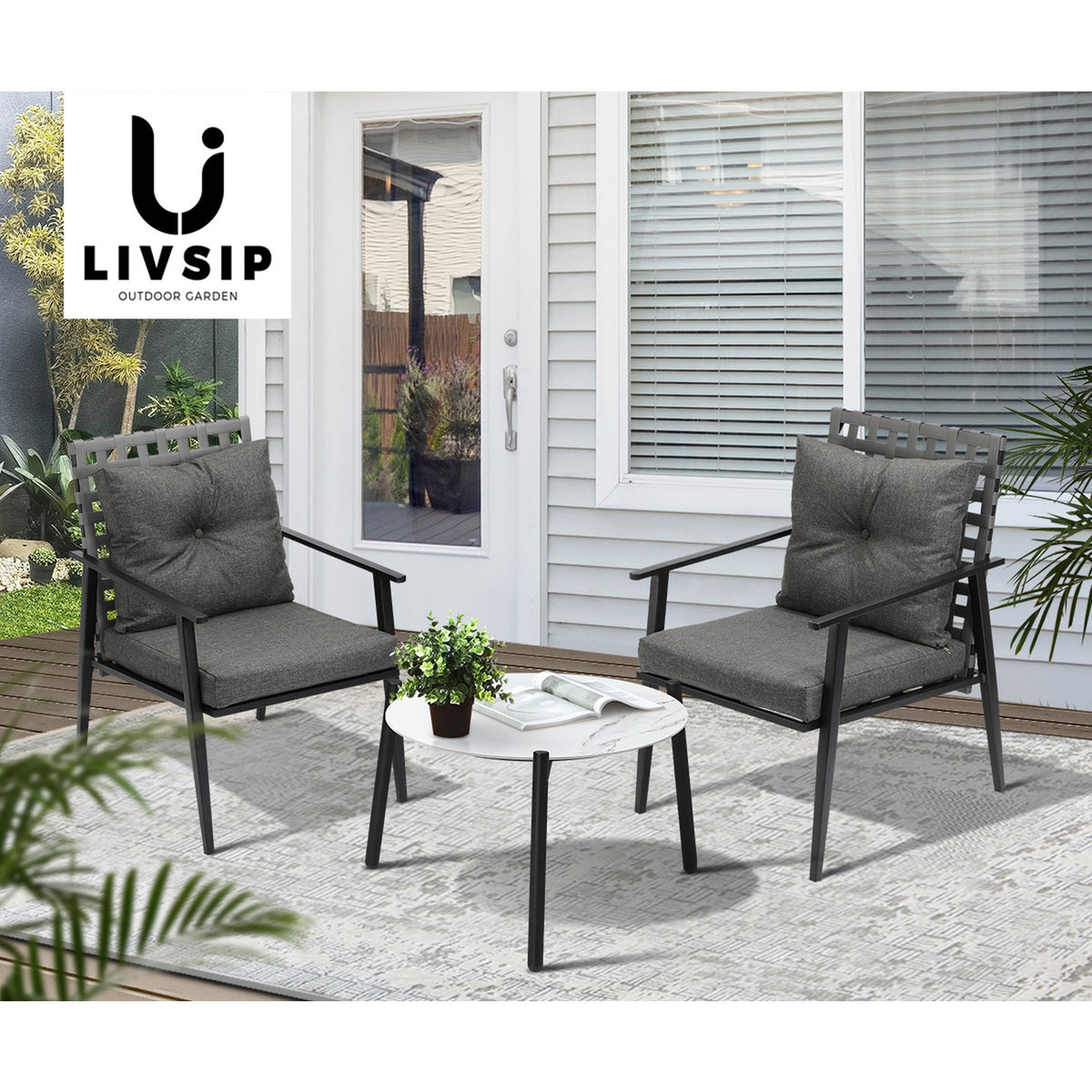 Livsip Outdoor Patio Set 3pc Lounge Sets 50CM White Marble Table Rattan Chairs - Sunyee