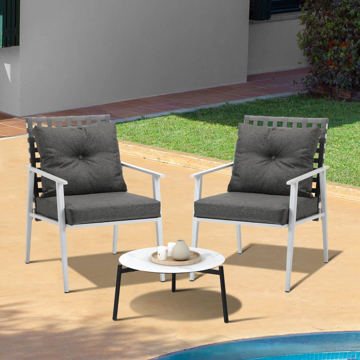 Livsip 3pc Outdoor Lounge Sets Patio Set 50CM White Round Table Rattan Chairs - Sunyee