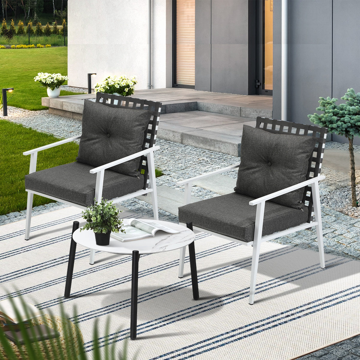 Livsip 3pc Outdoor Lounge Sets Patio Set 50CM White Round Table Rattan Chairs - Sunyee