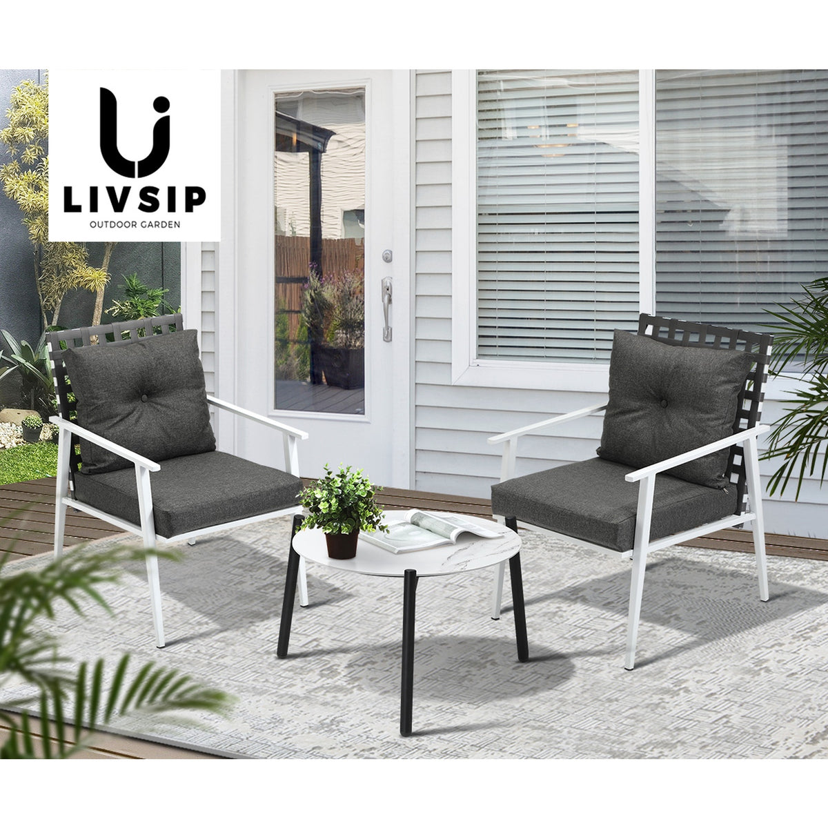 Livsip 3pc Outdoor Lounge Sets Patio Set 50CM White Round Table Rattan Chairs - Sunyee