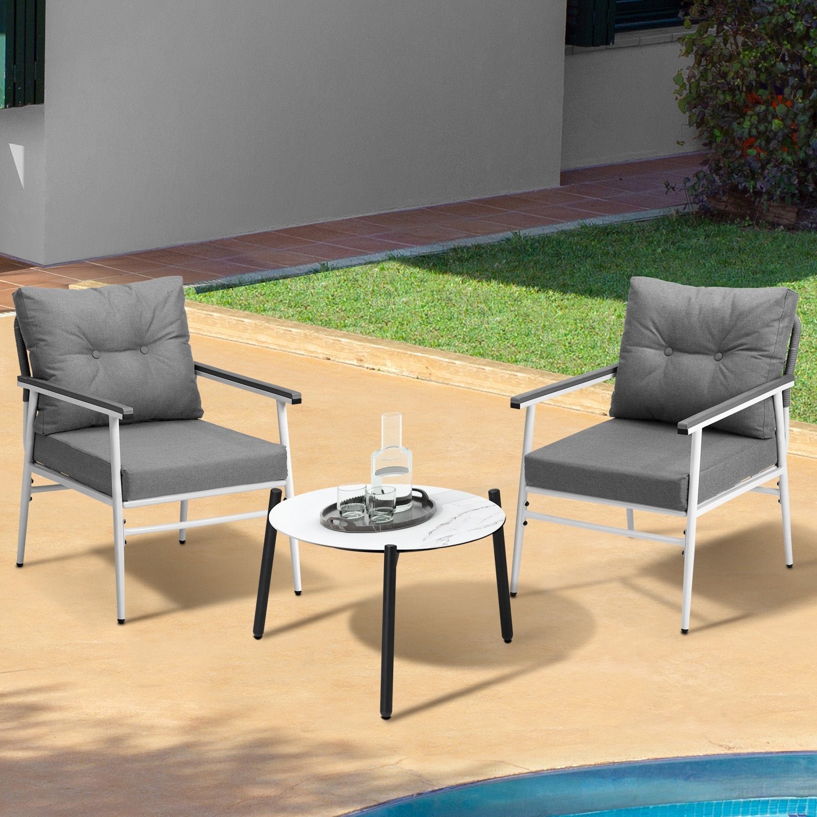Livsip Outdoor Patio Setting 3PC Bistro Lounge Furniture Set 50cm White Table - Sunyee