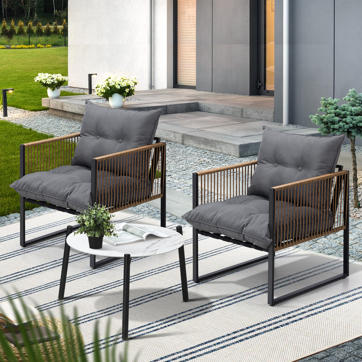 Livsip Outdoor Patio Set Furniture White 50cm Coffee Table Rattan Chairs 3PCS - Sunyee