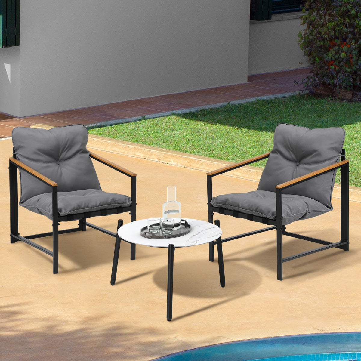 Livsip 3PC Outdoor Patio Furniture Set Bistro Sets 50CM Round White Marble Table - Sunyee