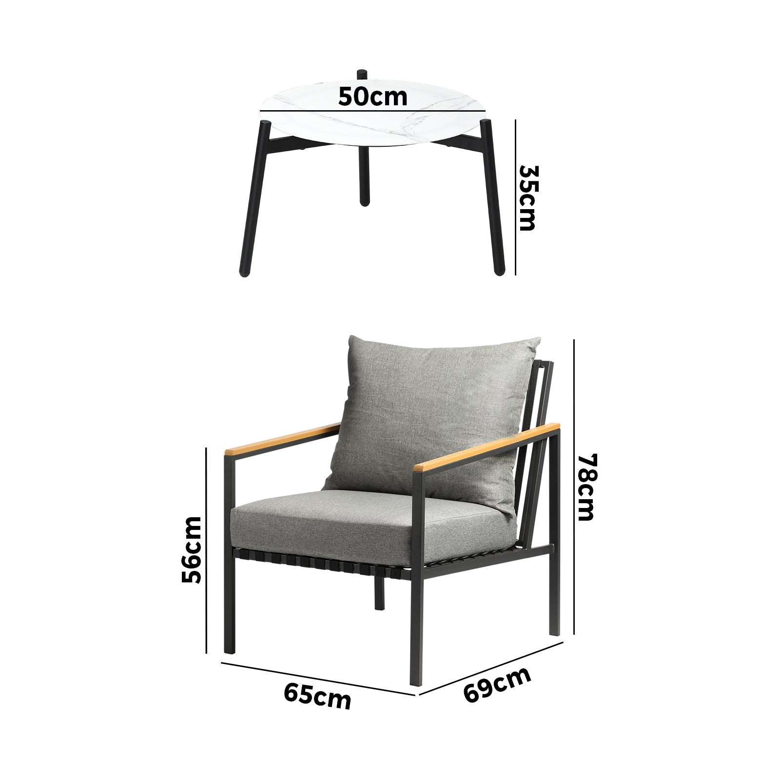 Livsip Outdoor Lounge Set Patio Furniture Coffee White 50cm Table Chairs 3PCS - Sunyee