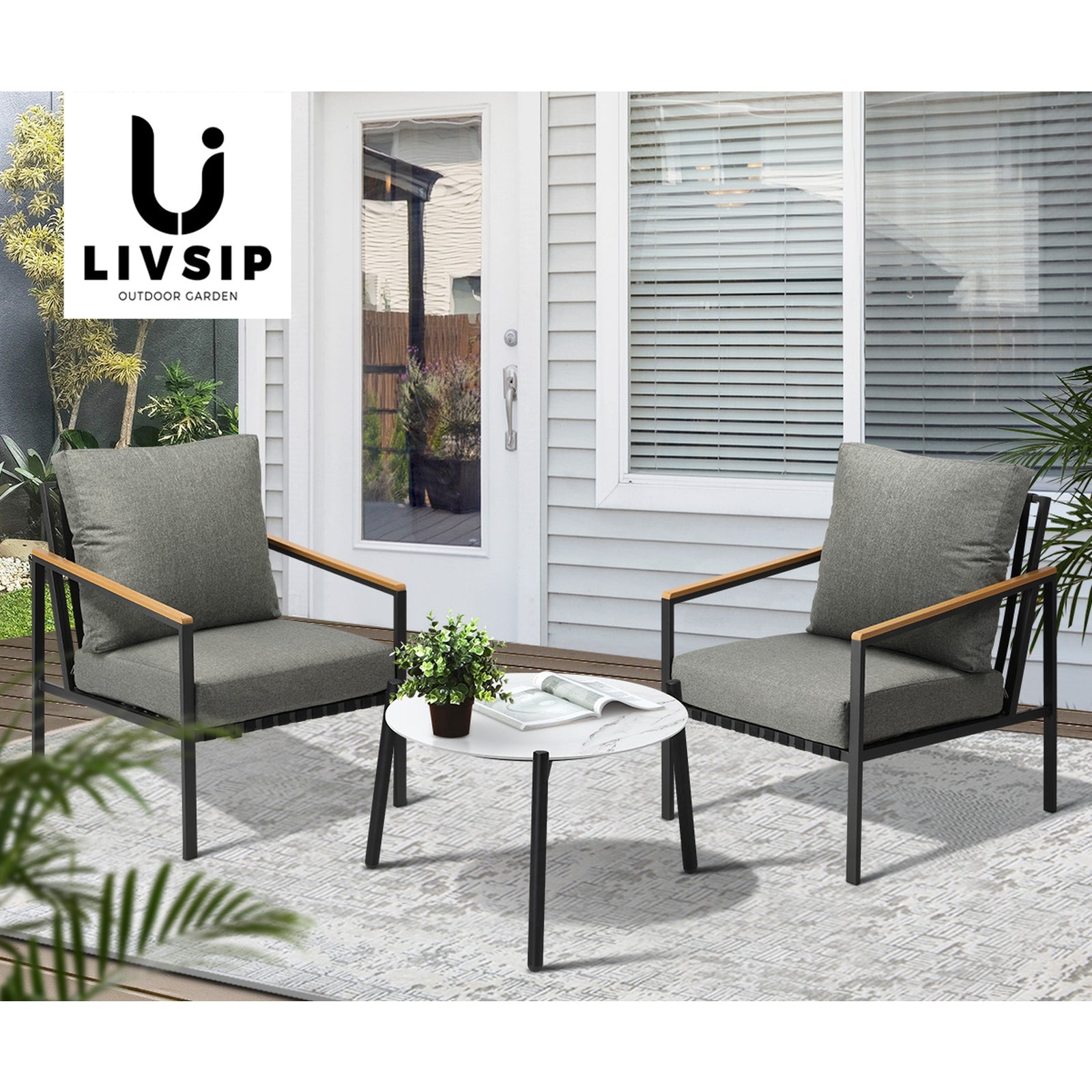 Livsip Outdoor Lounge Set Patio Furniture Coffee White 50cm Table Chairs 3PCS - Sunyee