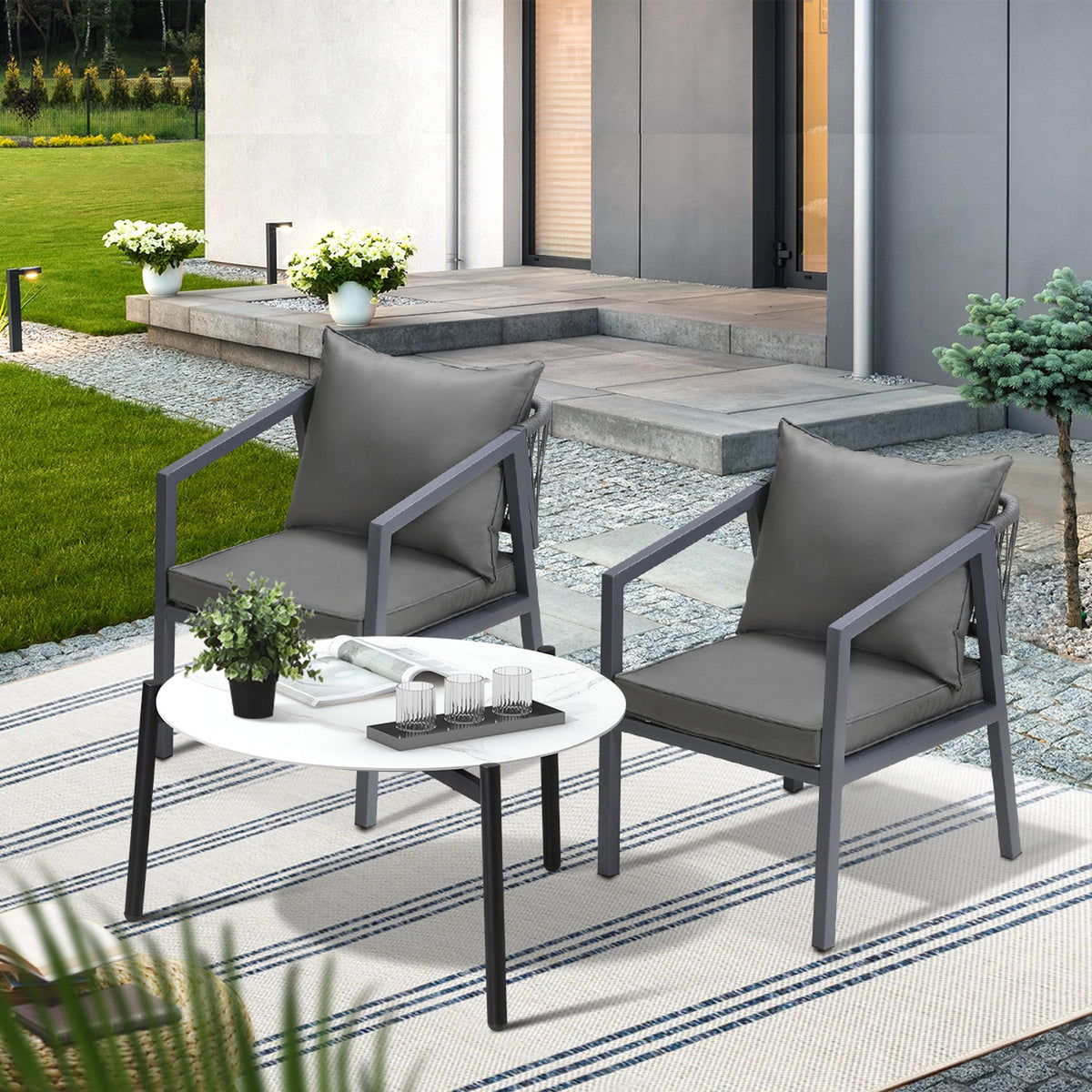 Livsip 3PCS Outdoor Patio Setting Furniture Lounge Set White 70cm Coffee Table