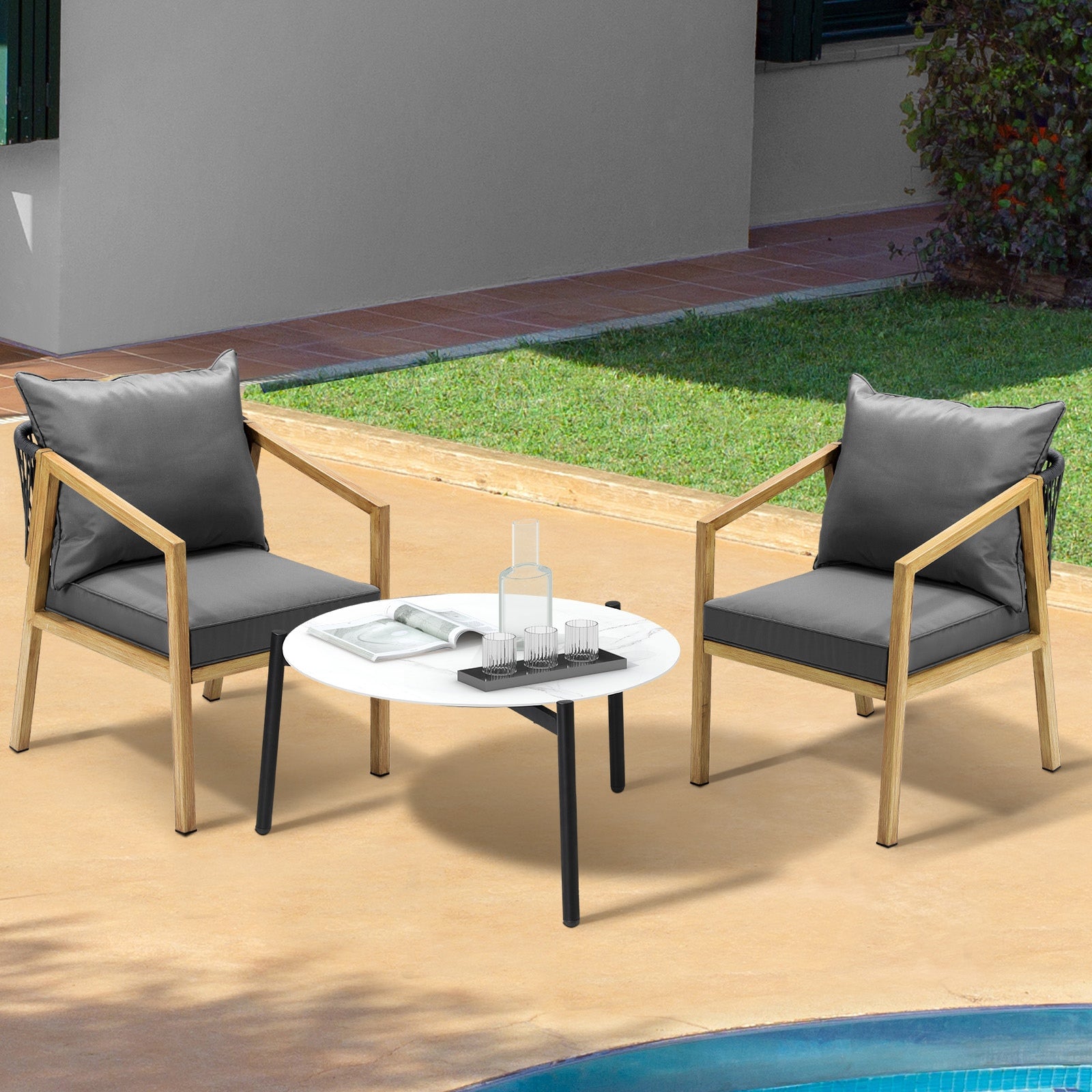 Livsip 3PCS Outdoor Patio Setting Furniture Lounge Set White 70cm Coffee Table - Sunyee
