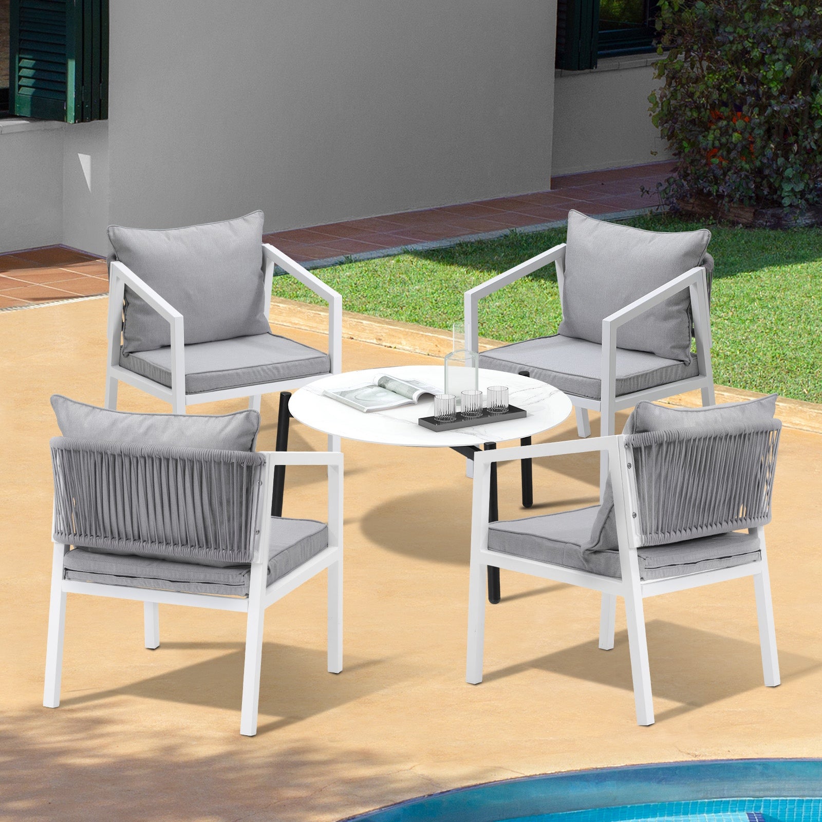Livsip Outdoor Patio Setting 5PCS Furniture Lounge Set White 70cm Coffee Table - Sunyee