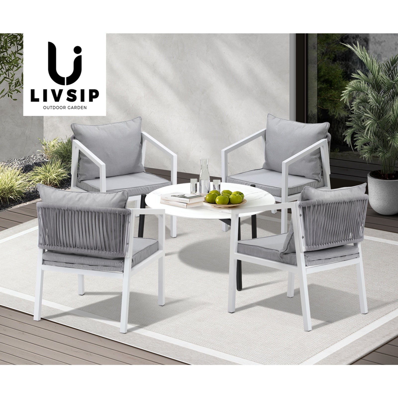 Livsip Outdoor Patio Setting 5PCS Furniture Lounge Set White 70cm Coffee Table - Sunyee