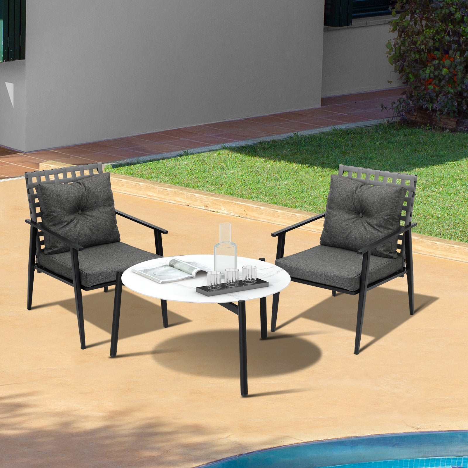 Livsip Outdoor Patio Set 3pc Lounge Sets 70CM White Marble Table Rattan Chairs - Sunyee