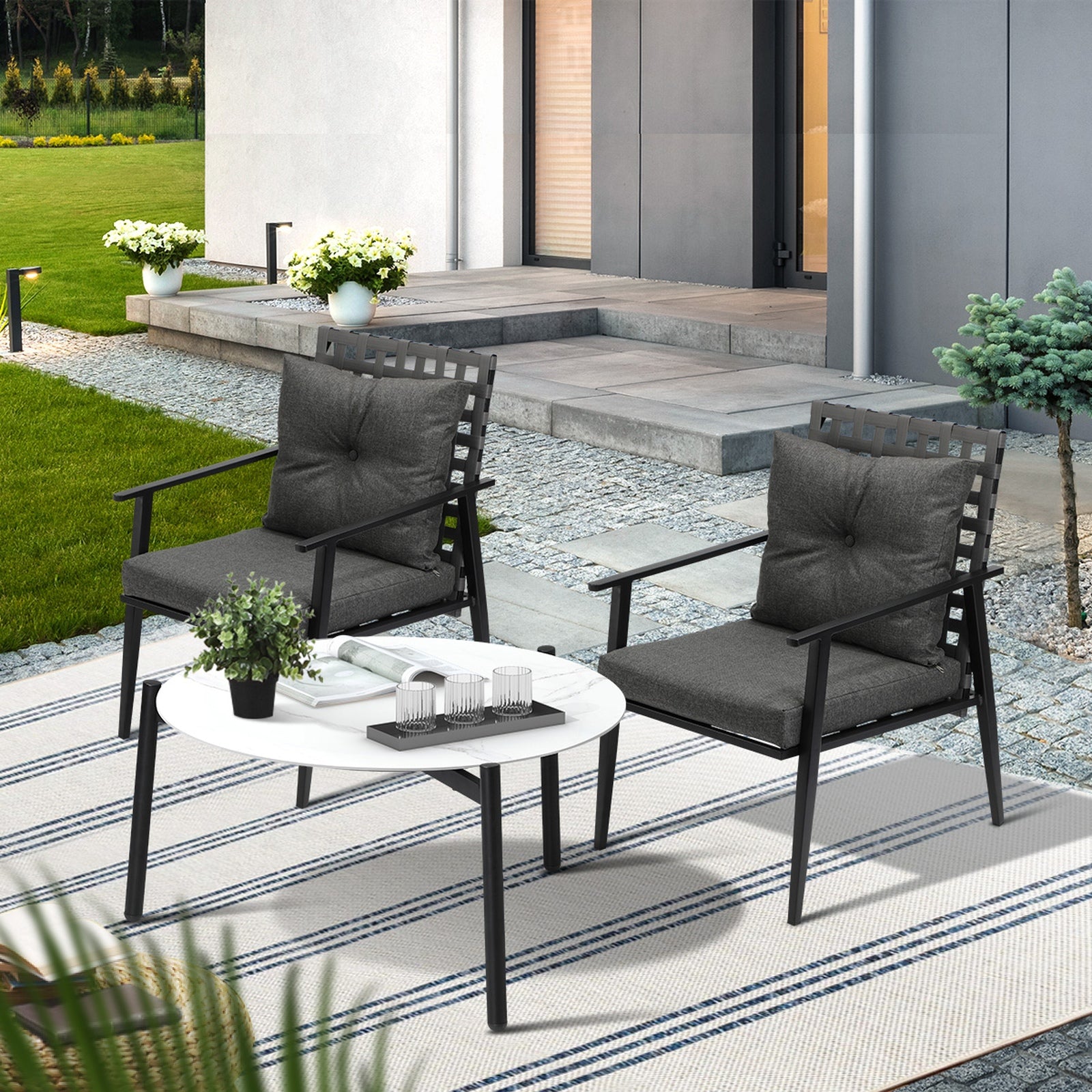 Livsip Outdoor Patio Set 3pc Lounge Sets 70CM White Marble Table Rattan Chairs - Sunyee