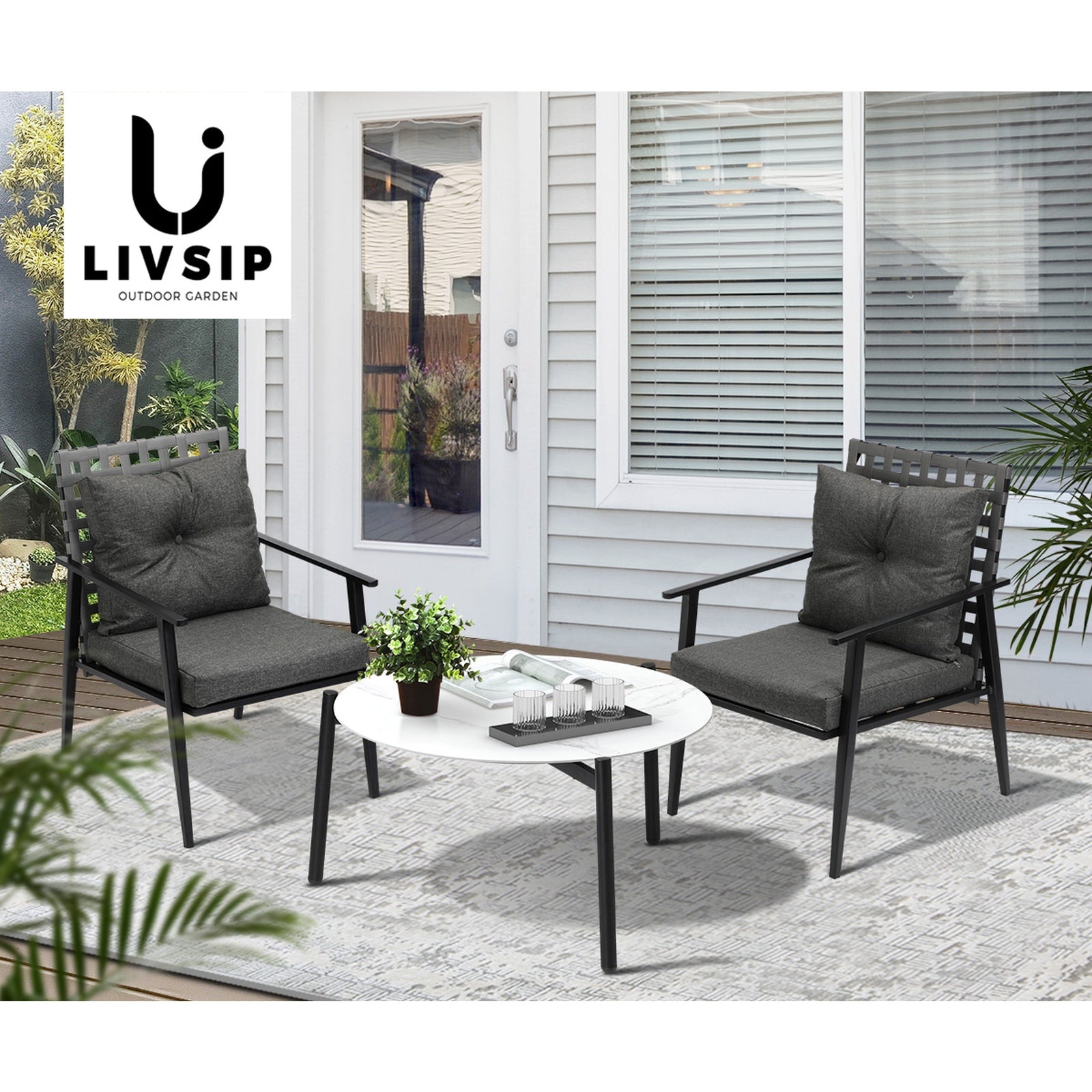 Livsip Outdoor Patio Set 3pc Lounge Sets 70CM White Marble Table Rattan Chairs - Sunyee