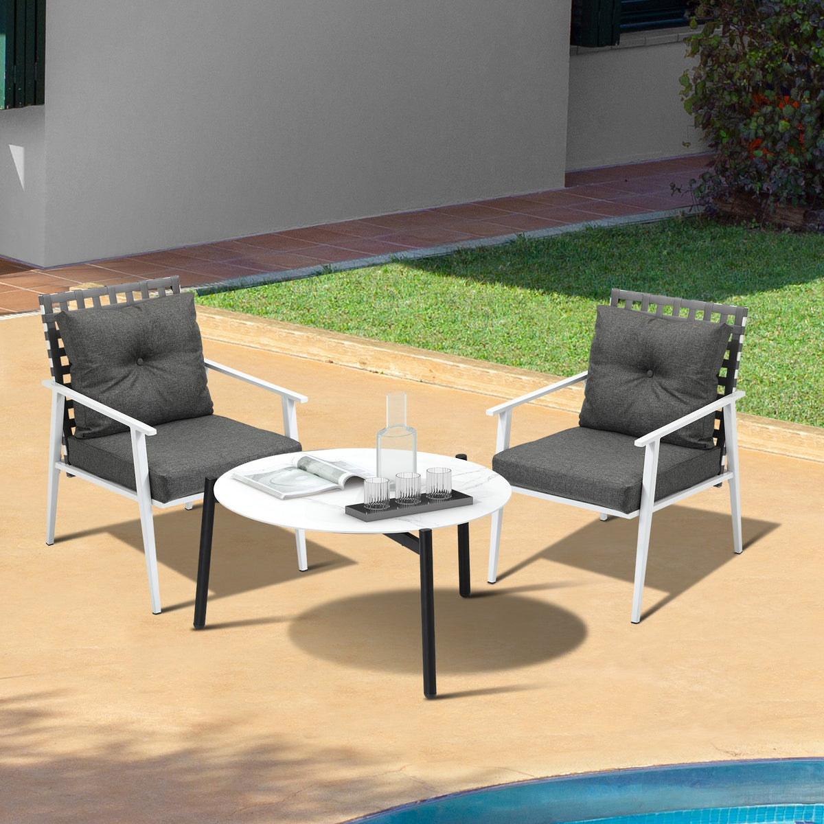 Livsip Outdoor Lounge Sets 3pc Patio Set 70CM White Round Table Rattan Chairs - Sunyee