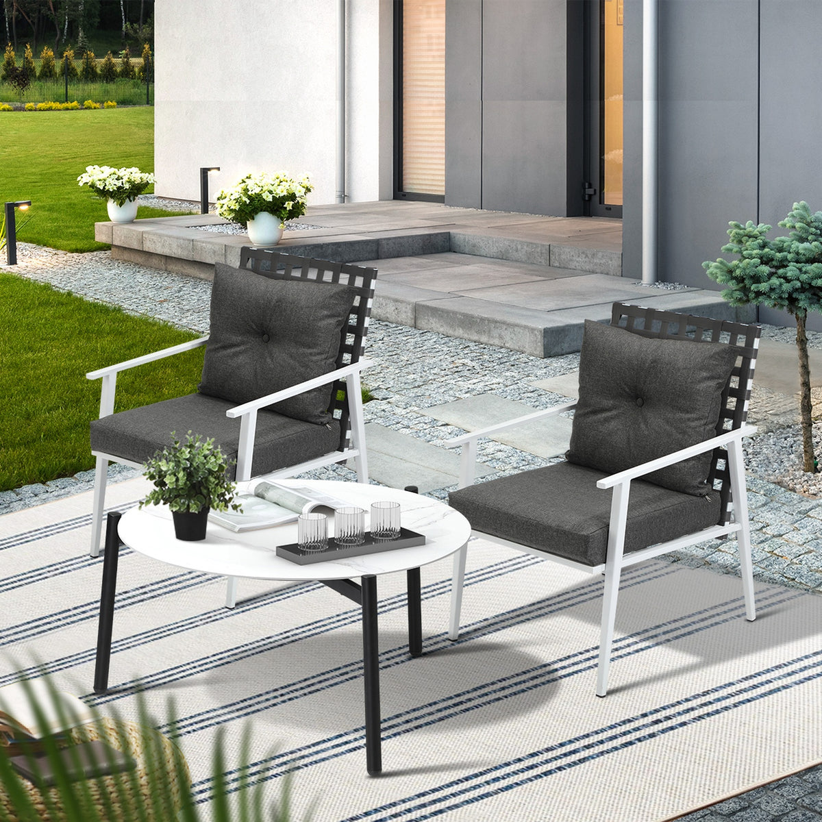 Livsip Outdoor Lounge Sets 3pc Patio Set 70CM White Round Table Rattan Chairs - Sunyee