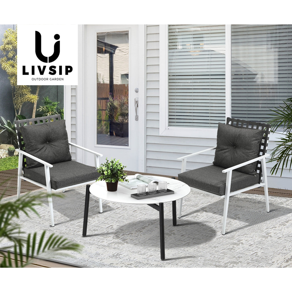 Livsip Outdoor Lounge Sets 3pc Patio Set 70CM White Round Table Rattan Chairs - Sunyee