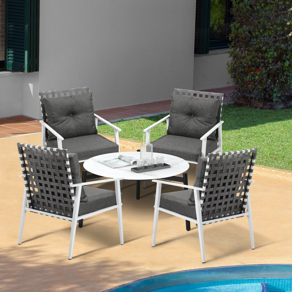 Livsip Outdoor Lounge Sets 5pc Patio Set 70CM White Round Table Rattan Chairs - Sunyee
