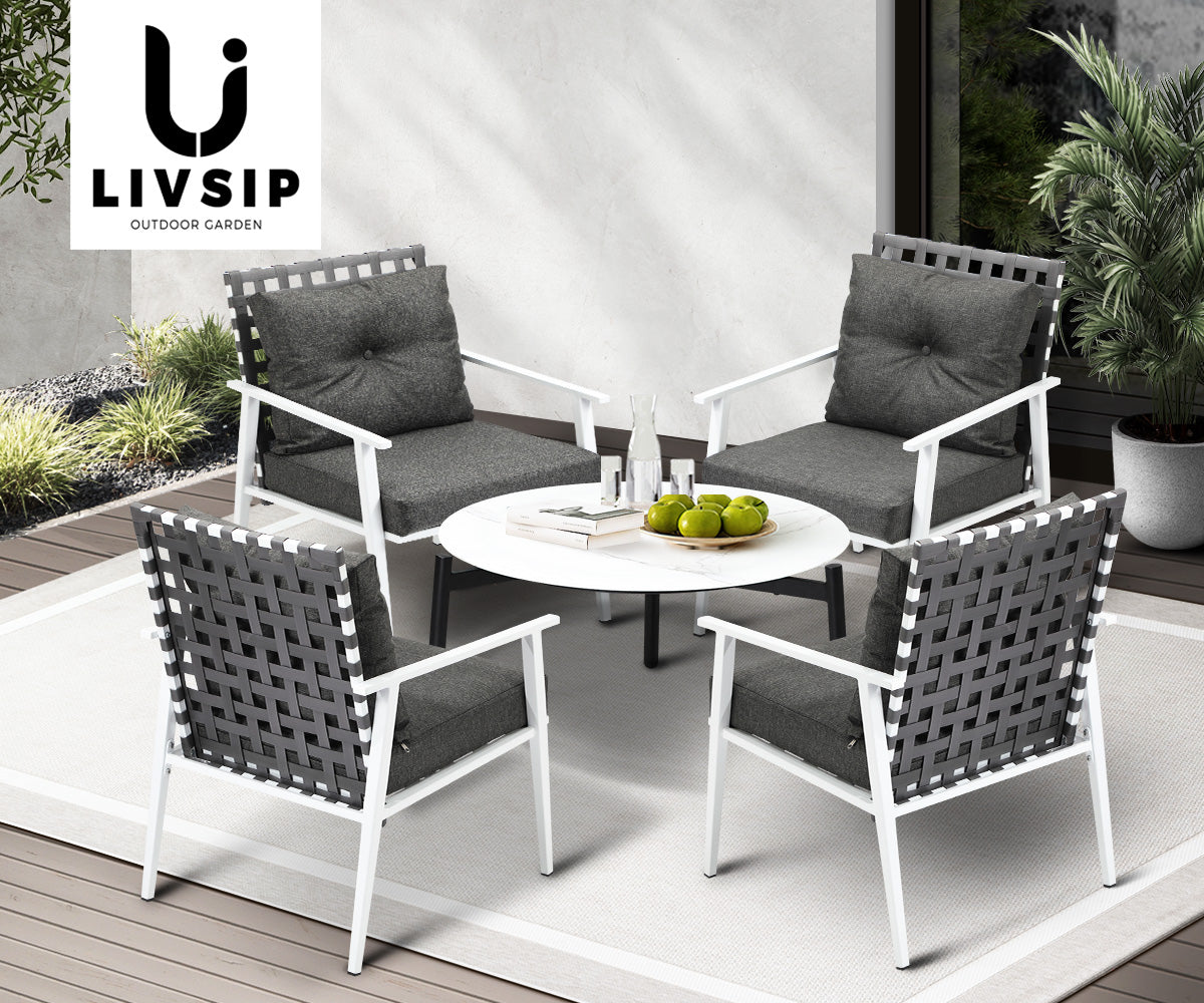 Livsip Outdoor Lounge Sets 5pc Patio Set 70CM White Round Table Rattan Chairs - Sunyee