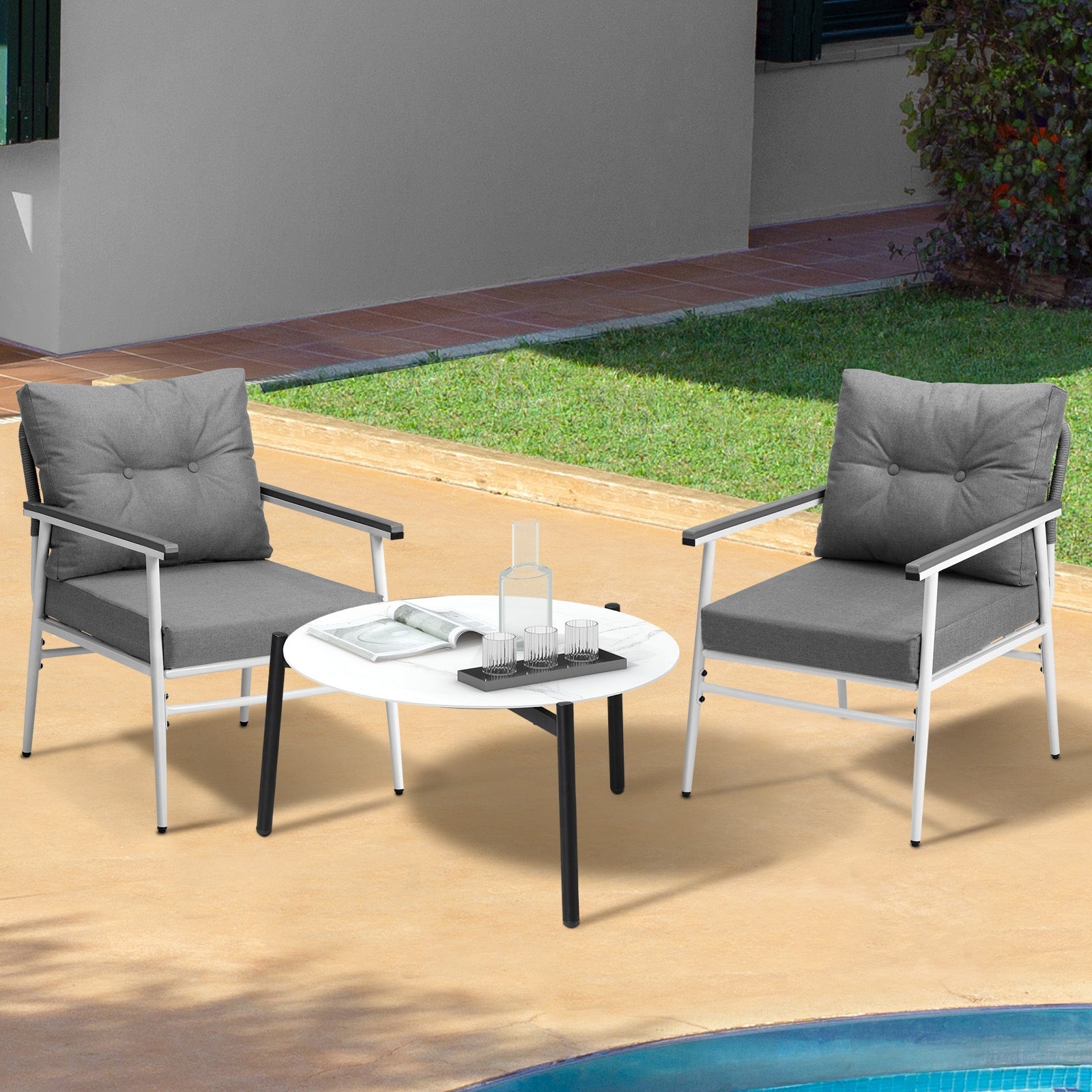 Livsip Outdoor Patio Setting 3PC Bistro Lounge Furniture Set 70cm White Table - Sunyee