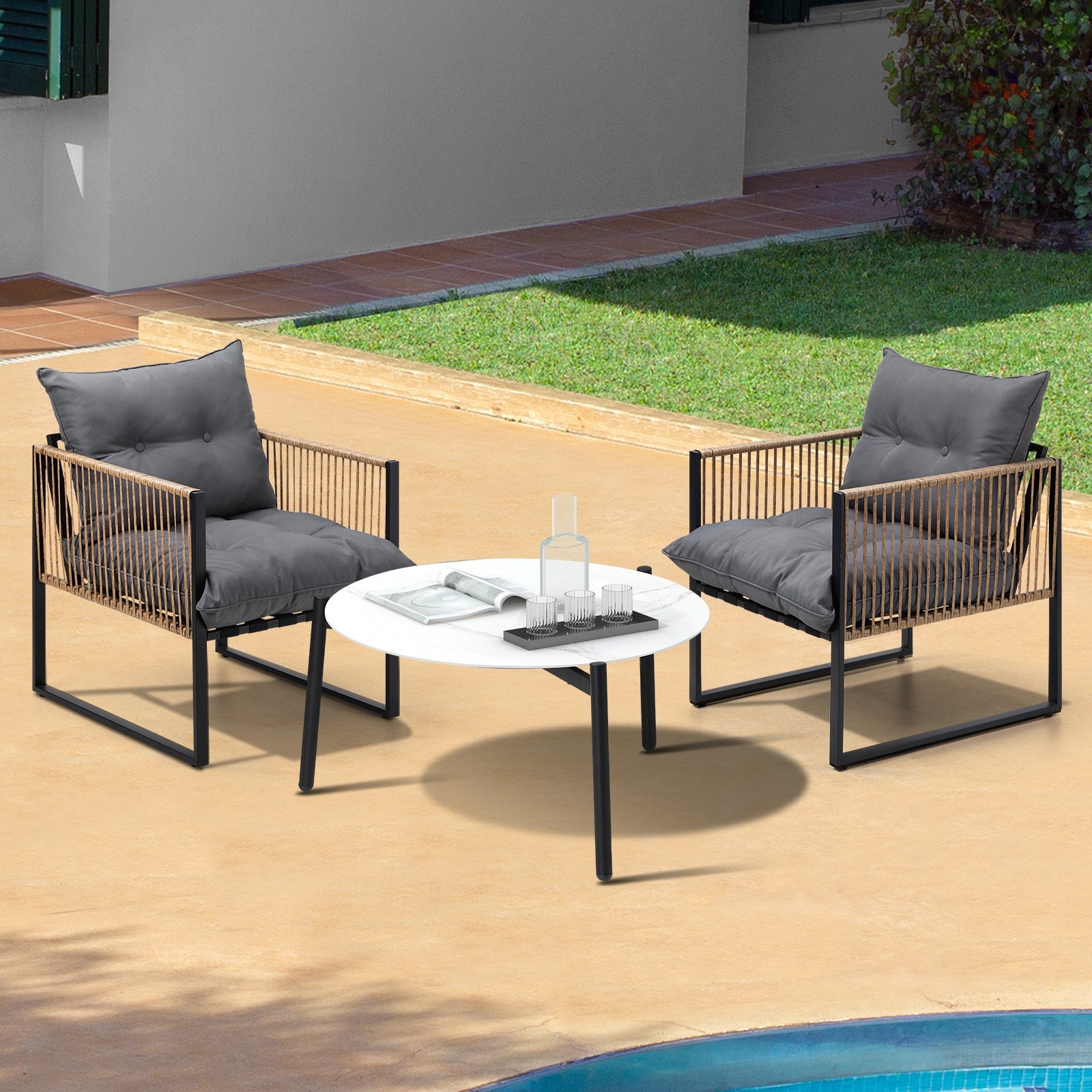 Livsip Outdoor Patio Set Furniture White 70cm Coffee Table Rattan Chairs 3PCS - Sunyee