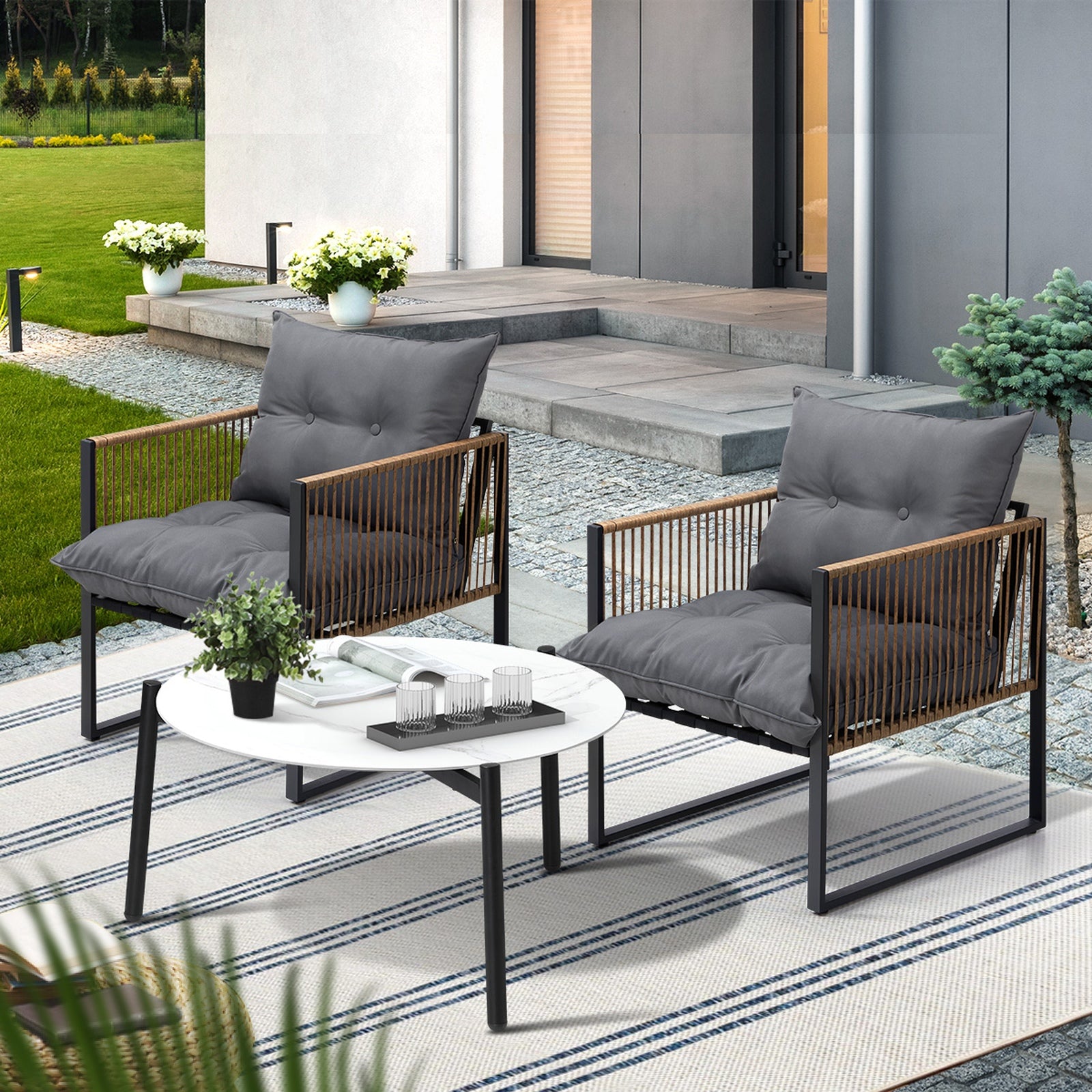 Livsip Outdoor Patio Set Furniture White 70cm Coffee Table Rattan Chairs 3PCS - Sunyee
